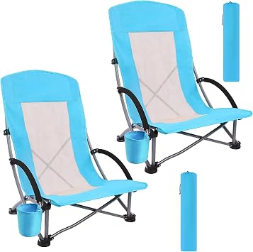 Beach Chairs Beach Chairs for Adults Folding Camping Chair with High Mesh Back w/Carry Bag and Cup Holder, Portable Lightweight for Outdoor, Beach, Camping, Picnic 2-Pack Blue