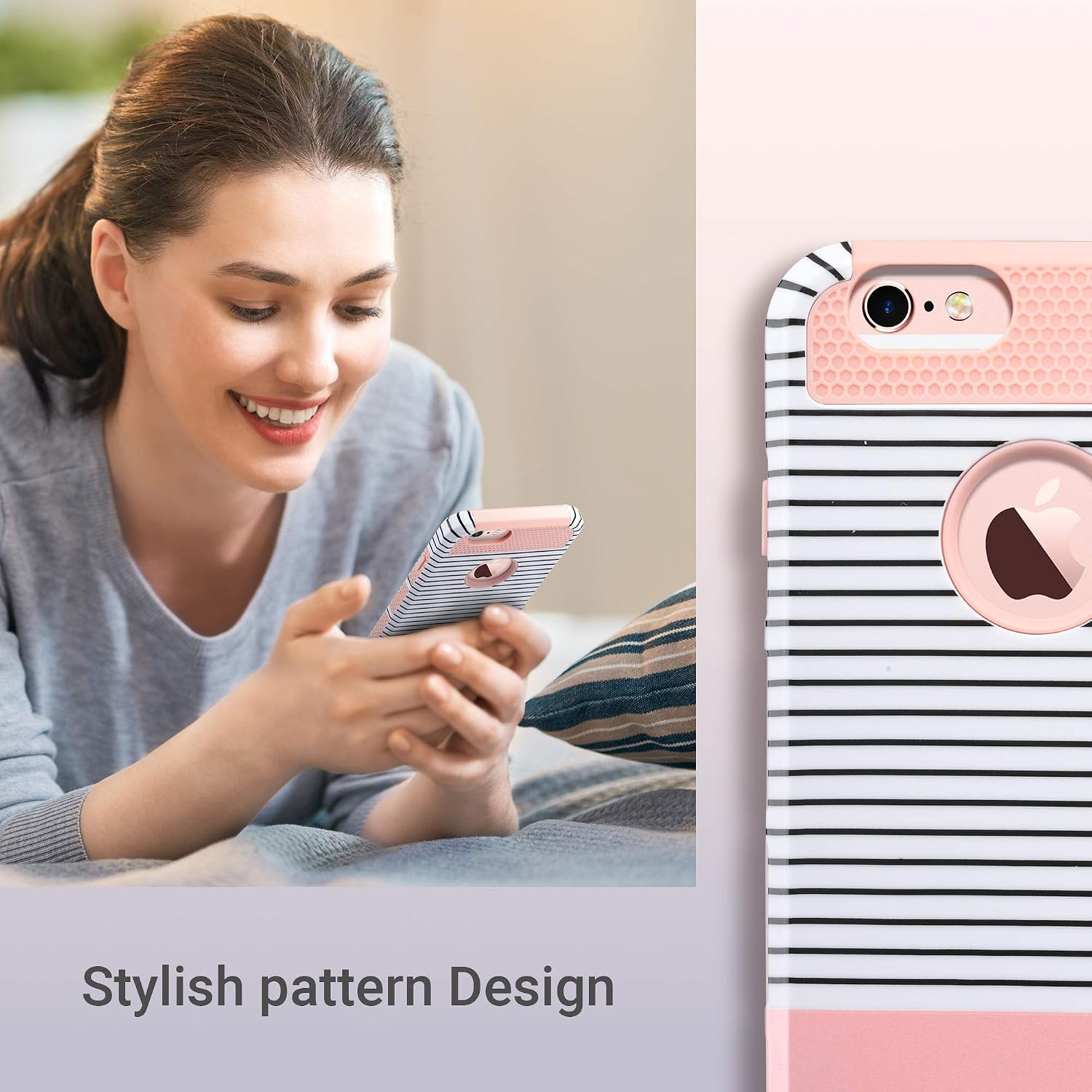ULAK iPhone 6s Case, iPhone 6 Case, Stylish Hybrid Slim Fit Protective Shock-Absorption TPU Bumper Anti-Scratch Phone Cover for Apple iPhone 6 / iPhone 6s 4.7 inch (Rose Gold/Black Stripe)