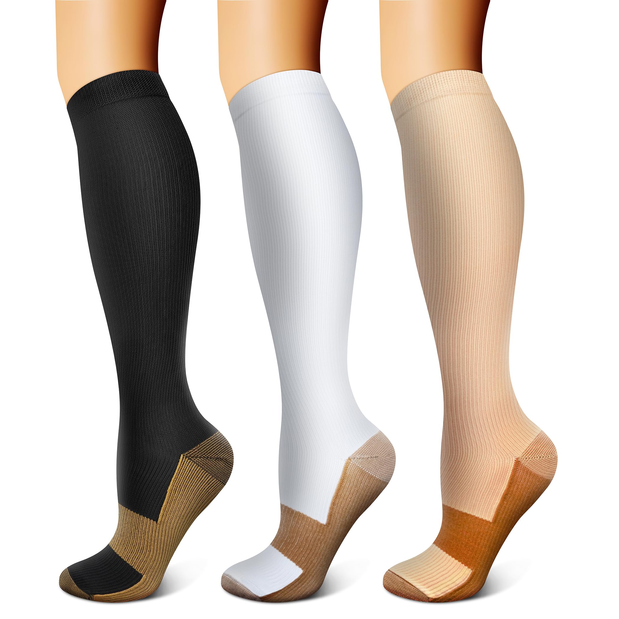 Copper Compression Socks (3 Pairs) 15-20 mmHg Circulation is Best Athletic & Daily for Men & Women, Running, Climbing