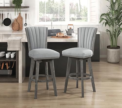Set of 2 Pub Height Swivel Dining Chairs Tufted Fabric Upholstered Solid Wood Kitchen Table Seating Chair Sets for Room,Gray-2Set