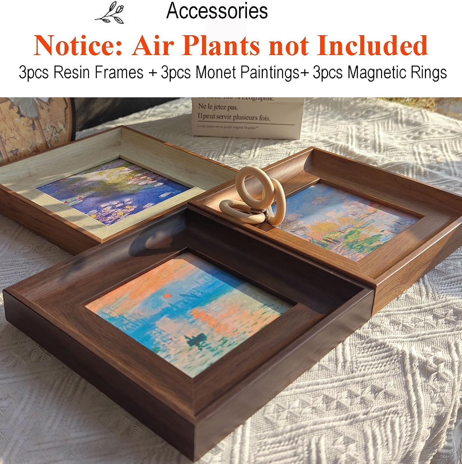 3 Pack Magnetic Monet Wall Art & Air Plant Living Holder 2-in-1 (Impression Sunrise & Water-Lily & Spring by the Seine) DIY Frame Painting Prints Airplant Holder for Living Room Bedroom Office Decor