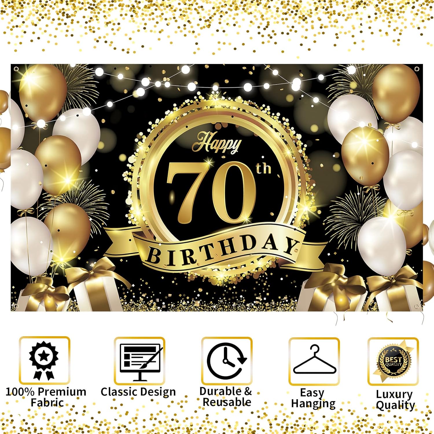 Happy 70th Birthday Decoration Backdrop Banner Black Gold Extra Large Fabric Birthday Sign Poster Photography Background 70 Year Birthday Party Decorations Supplies Indoor Outdoor, 72.8 x 43.3 Inch - Image 7