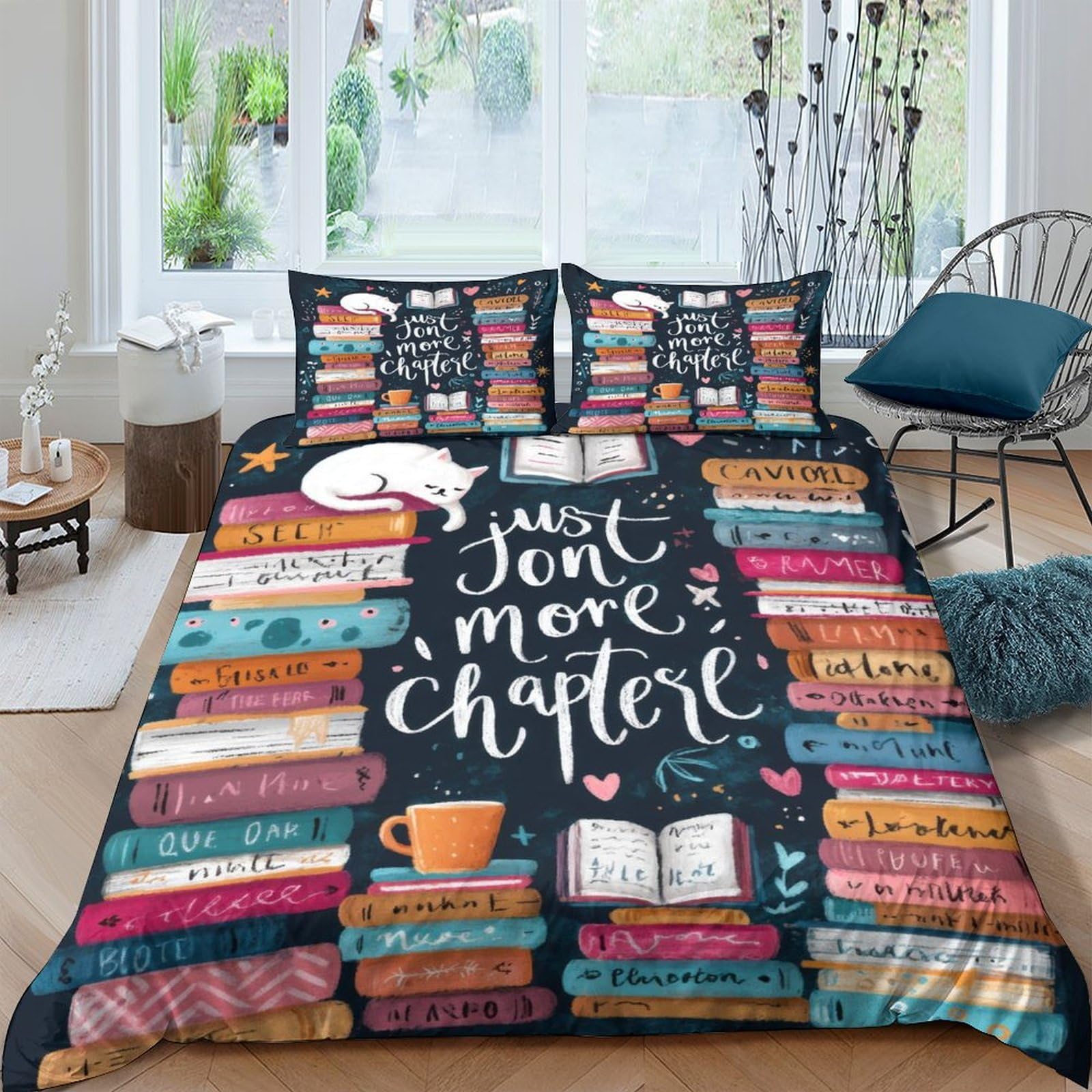 Ctjqhvkz Style-4 3D Printed Book Lover Fitted Sheet Microfiber Soft Cartoon Cat Coffee Bed Cover For Bedroom Dorm Mattress Decor Single（135X200cm）