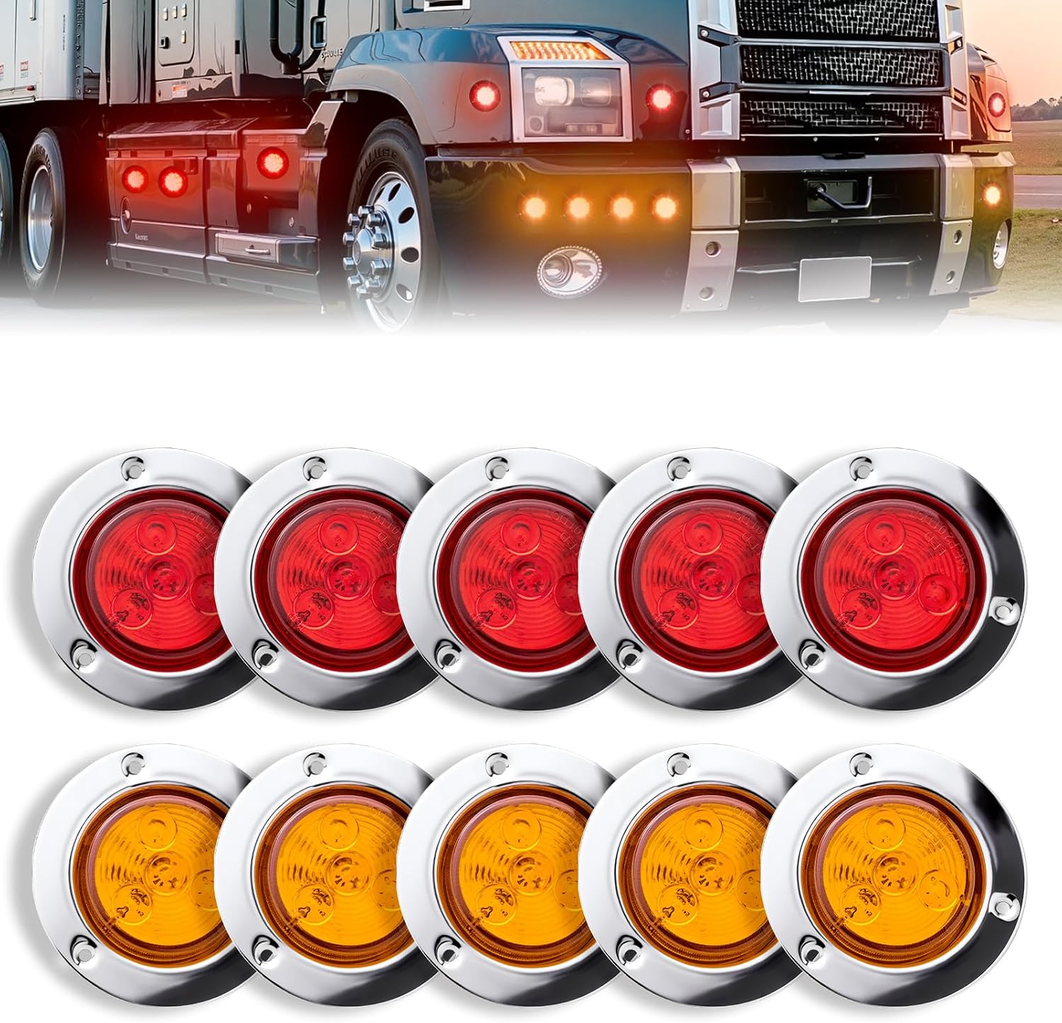 10PCS (5 Red +5 Amber) 2 Inch 4 LED Side Marker Lights with Stainless Steel Rings, Round Trailer Marker Lights with Grommet & Wire Pigtail for Truck, IP67 Waterproof,12V, DOT Approved