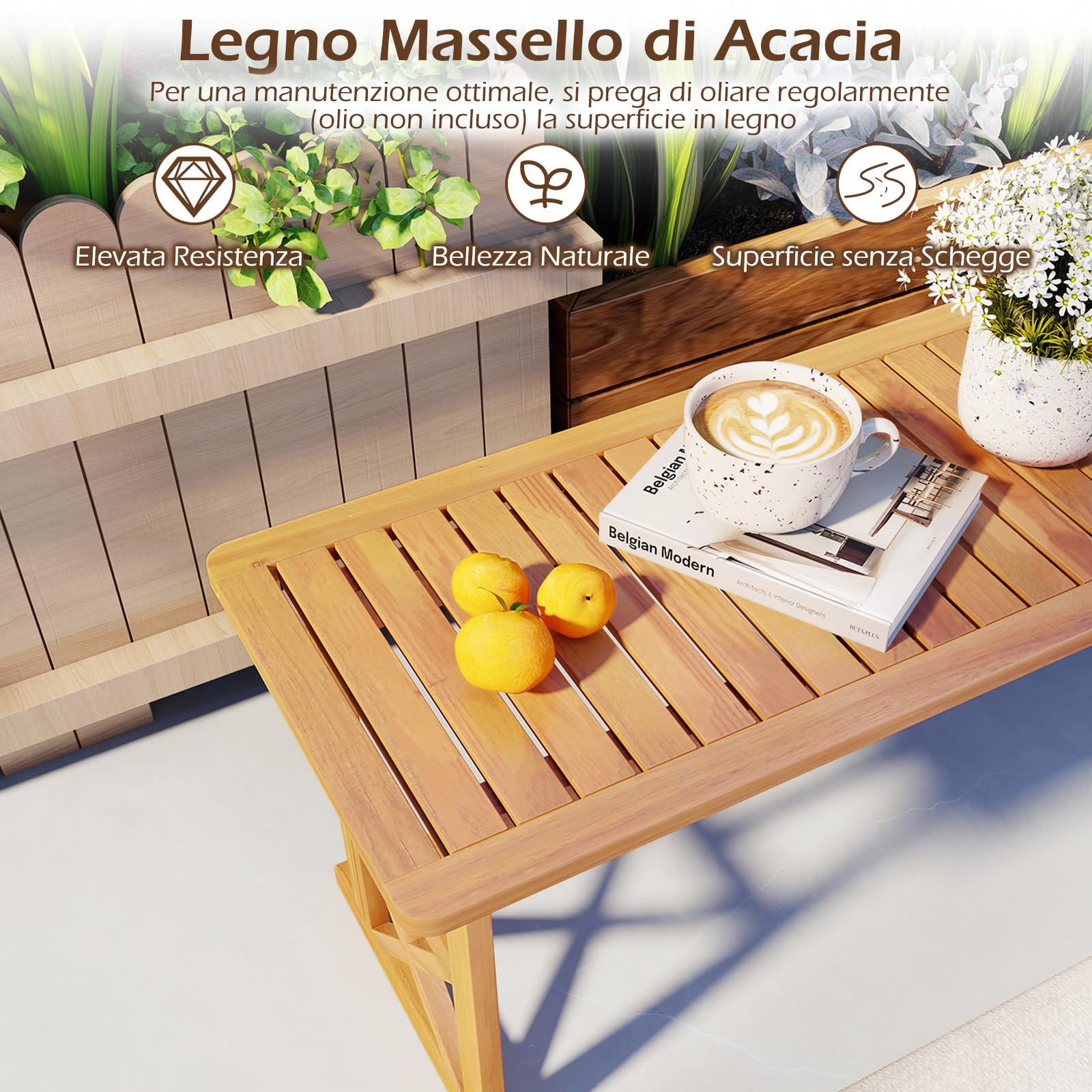 COSTWAY Panchina da Esterno in Legno di Acacia, Portata 360 kg, Panchina per 2-3 Persone senza Schienale con Sedile a Doghe, Panca Esterno per Veranda, Giardino, Balcone e Cortile (1)
