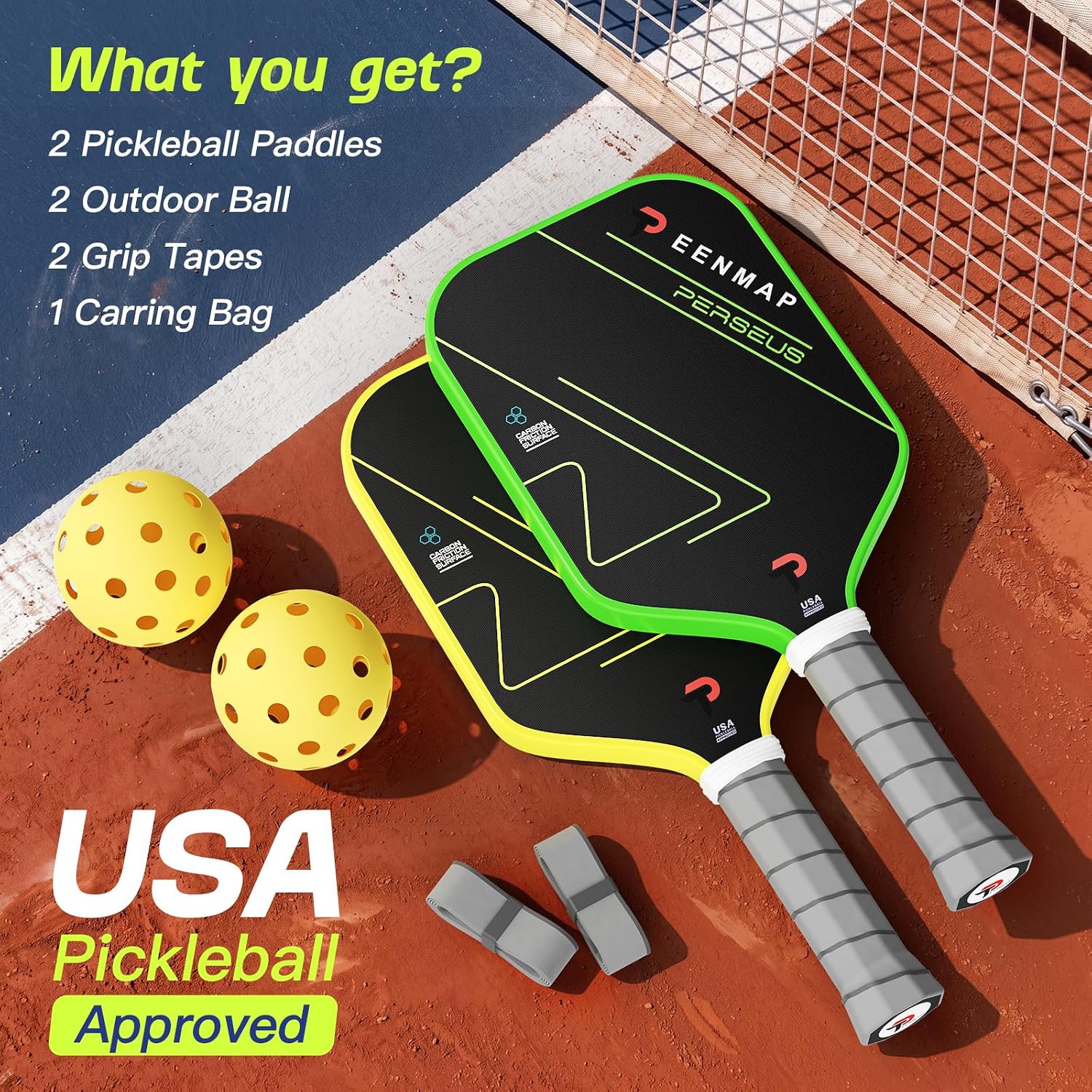 Pickleball Paddles Set of 2, USAPA Approved Textured Carbon Fiber Rackets | Multi-Layer Carbon Fiber, Strong Spin & Power, Lightweight Design, Ideal for Men, Women, Beginners & Intermediate Players