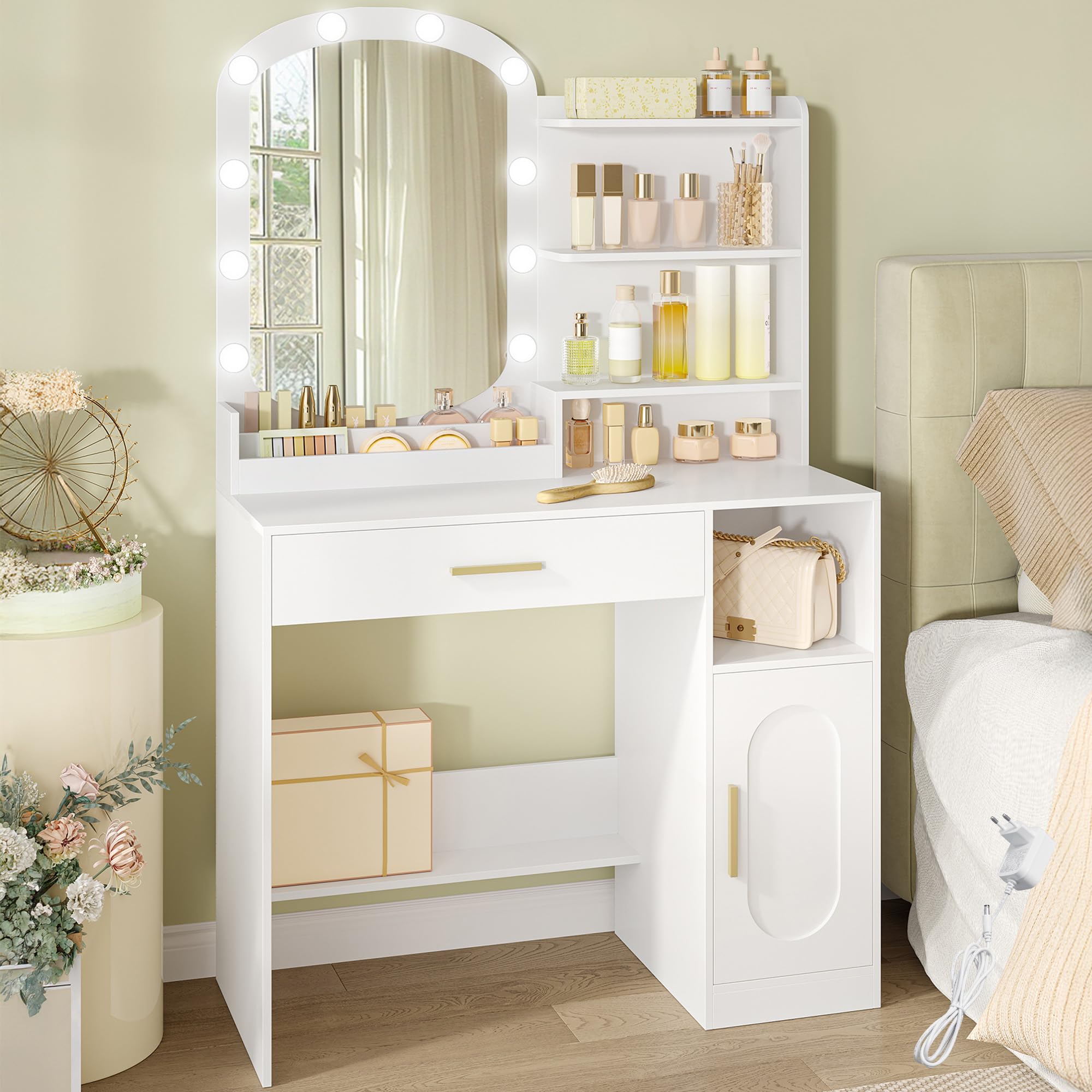 HEXCELEN Tocador con Espejo Ovalado, Mesa de Maquillaje con 10 Luces LED, Tocador de Maquillaje, Brillo Ajustable, 1 Cajón, 1 Armario, 4 Compartimentos Abiertos, Blanco