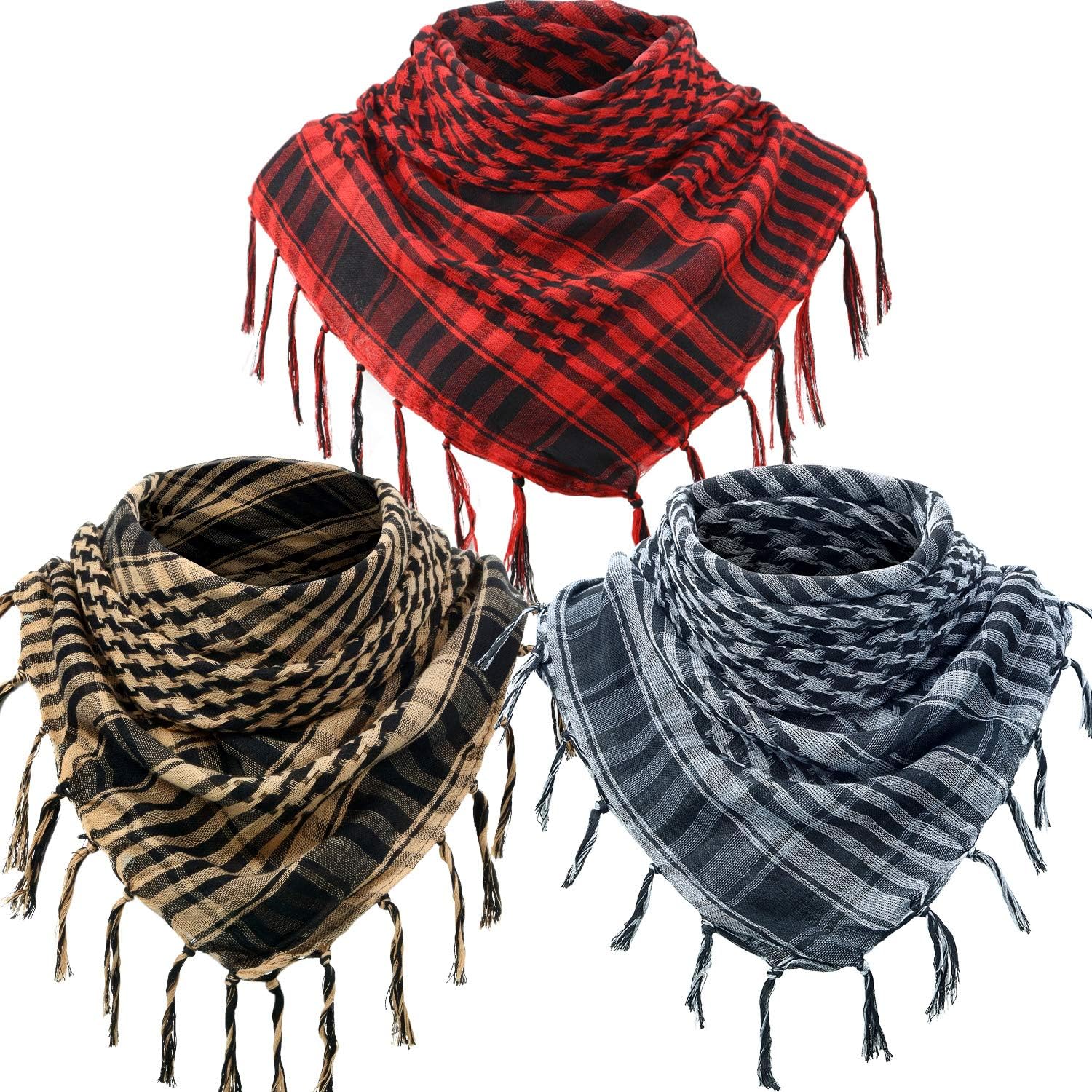 3 Pieces Shemagh Keffiyeh Scarf Turban for Men Arab Turban Plaid Fringe Scarves for Tactical Outdoor Camping Accessory Unisex