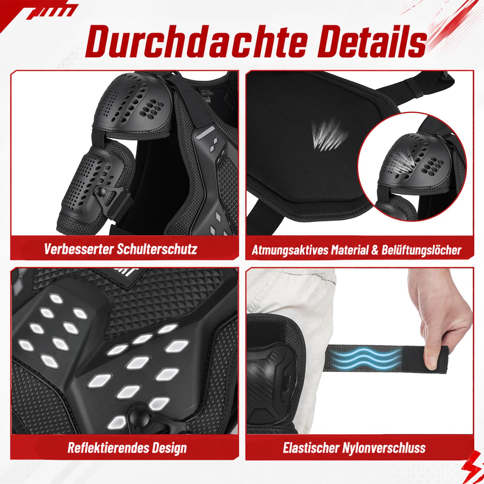 Kinder Brustpanzer Protektoren Set Motocross Schutzausrüstung | Kinder Schutzkleidung mit Protektorenweste, Brustschutz, Rückenprotektor, Kniepads, Ellbogenpads, Mesh-Gewebe und Reflektoren