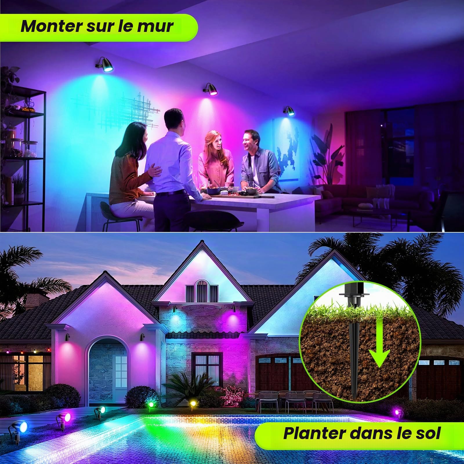 LINKE Spot LED Extérieur RGBW Télécommande 20W 2PC 1880LM Blanc Froid 6500K 10 Couleurs/30 Modes/6 Luminosités Réglables IP66 Étanche Éclairage Extérieur LED à Piquer pour Jardin, Terrasse, Chemin