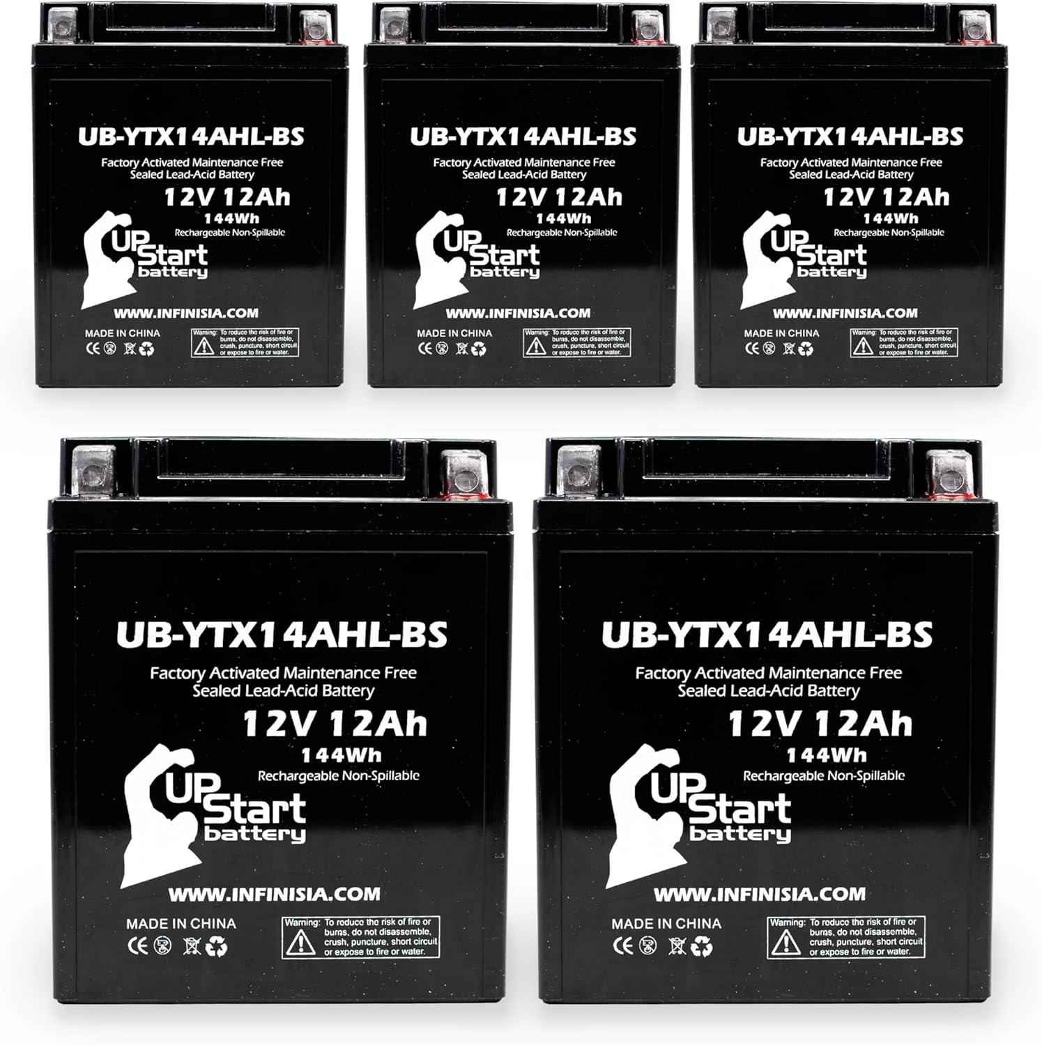 5-Pack UB-YTX14AHL-BS Battery Replacement for 2002 Royal Enfield All Electric Start Models 500 CC Motorcycle - Factory Activated, Maintenance Free, Motorcycle Battery - 12V, 12AH