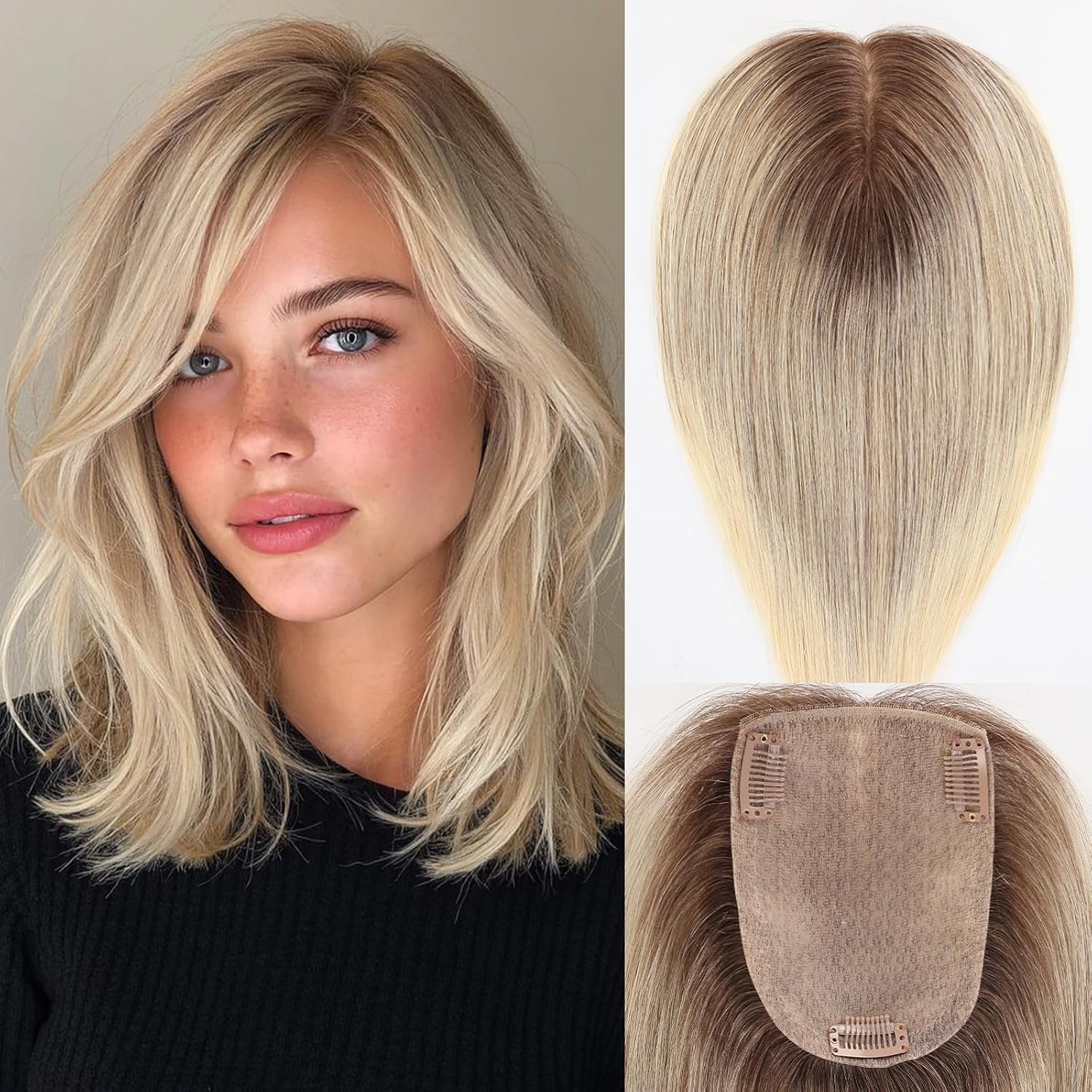 EMMOR Human Hair Topper for Women 12 Inch Real Hair Topper with 4x5.5 Inch Simulation Silk Base and 3 Non-Slip Clips Natural Looking Hairpiece for Thinning Hair(Ombre Gray)