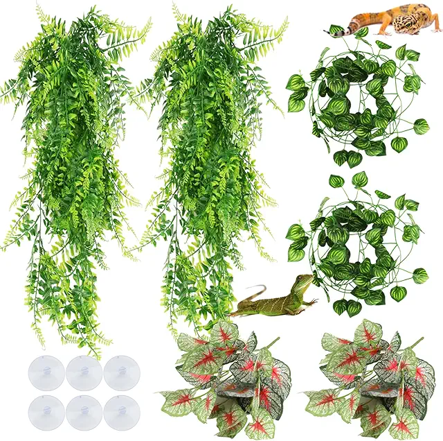 QUOZUO Artificial Terrarium Hanging Plants with Suction Cups for Reptile Habitats