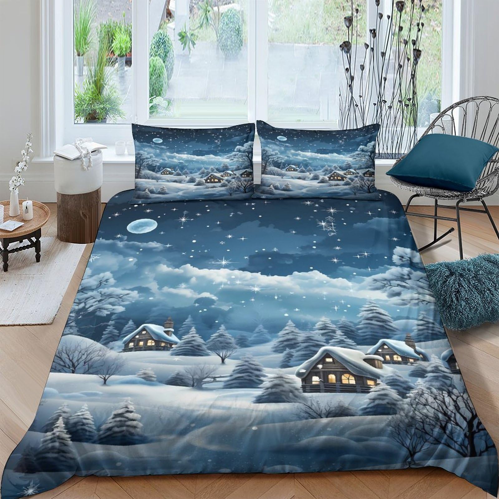 Ctjqhvkz Style-7 3D Printed Winter Cabin Night Fitted Sheet Microfiber Soft Snow Village Bed Cover For Bedroom Decor Protection Single（135X200cm）