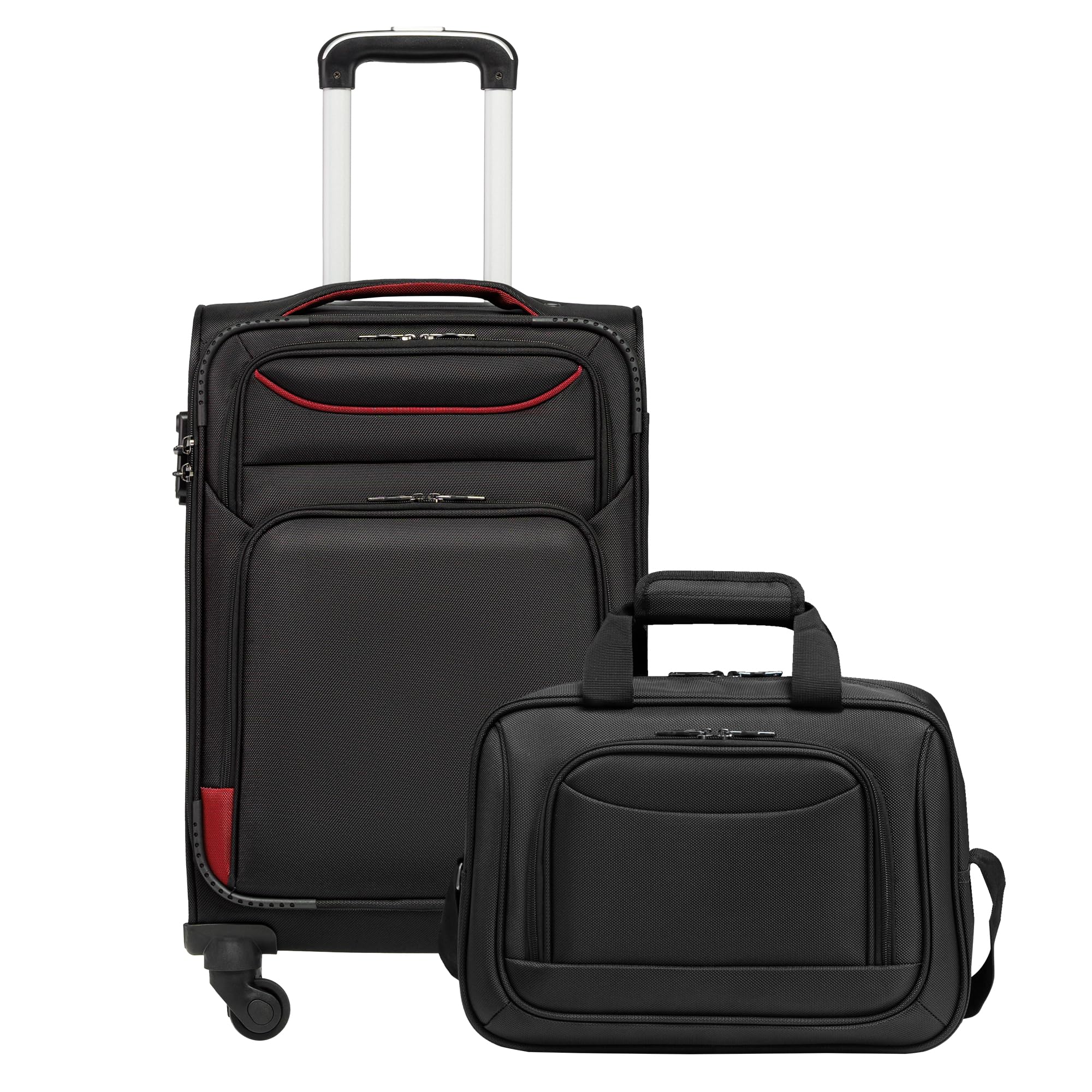 COOLIFE Koffer Trolley Koffer Reisekoffer von 4 Rollen Stoffkoffer Handgepäck TSA-Schloss Der Koffer Enthält 1 Große Umhängetasche (Handgepäck-Set 2tlg, Schwarz+Rot)