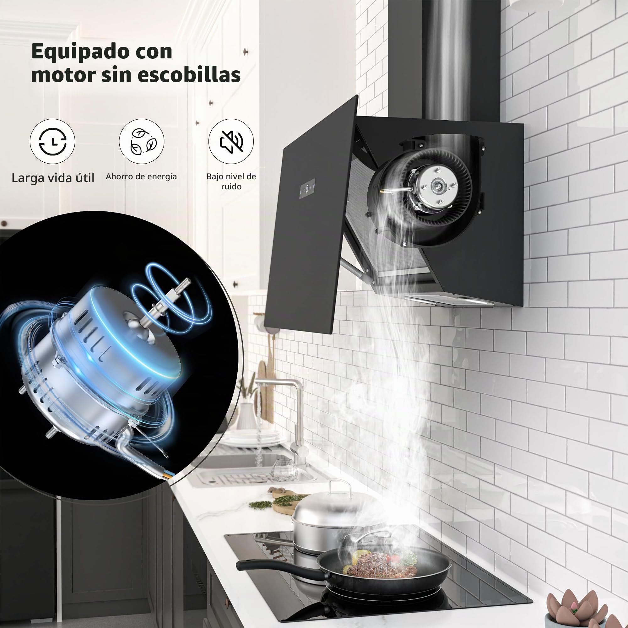FIREGAS Campana extractora 60 cm, Con motor sin escobillas, Recirculante y Extracción, 571m³/h, 9 Potencias, Táctil, Iluminación LED, Con resorte de gas, Extractor inclinado, Cristal negro