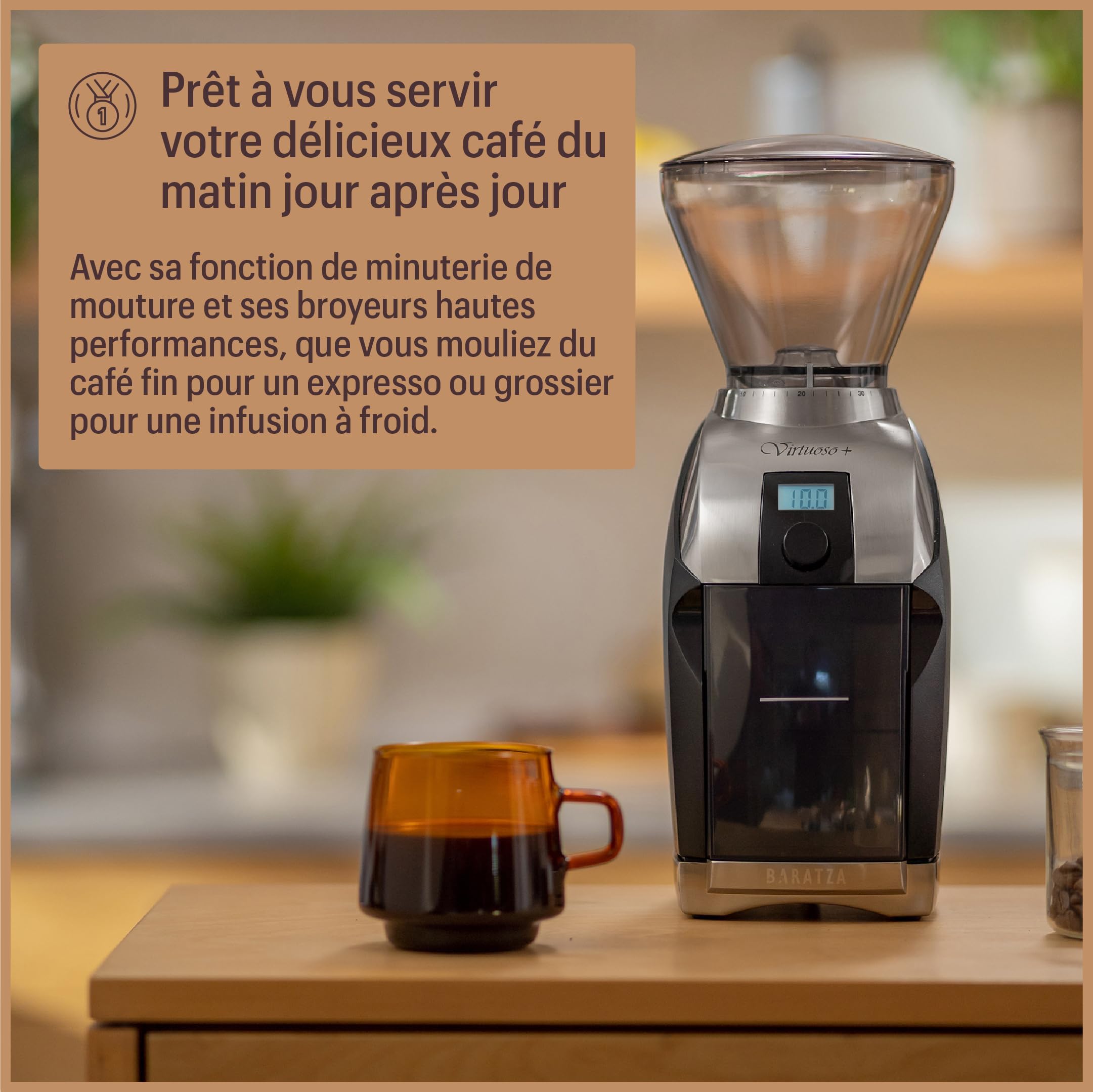Baratza - Virtuoso+ 230V Coffee Grinder - Moulin à café électrique avec Fraise Conique en Acier, Timer et Lumière Intégrée - Espresso, 300g Capacité de la Trémie - Noir