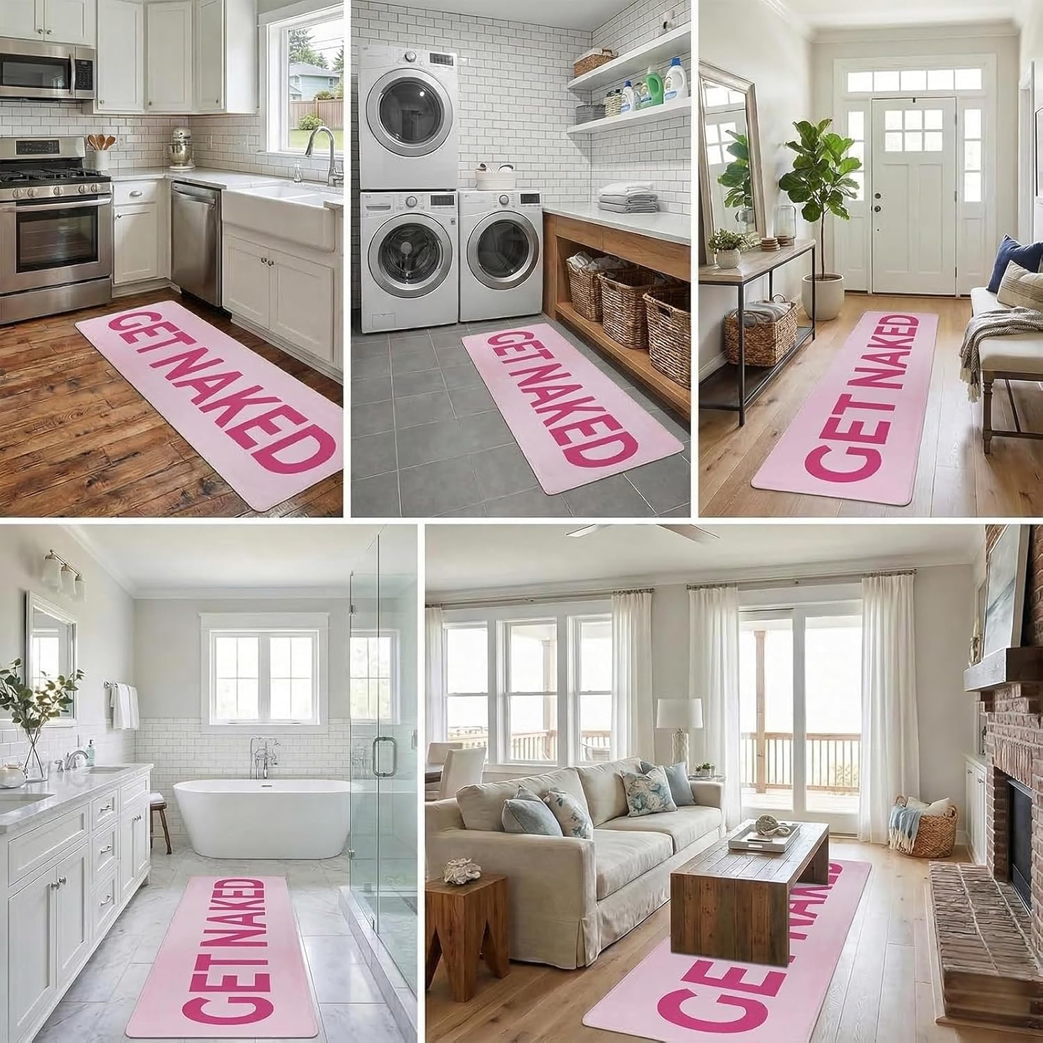 Bathroom Rug Runner 2x6, Thick Anti-Fatigue Non-Slip Memory Foam Kitchen Runner Mat, Funny Get Naked Printed, Absorbent Washable Cushioned Carpet for Double Vanity, Shower,Laundry