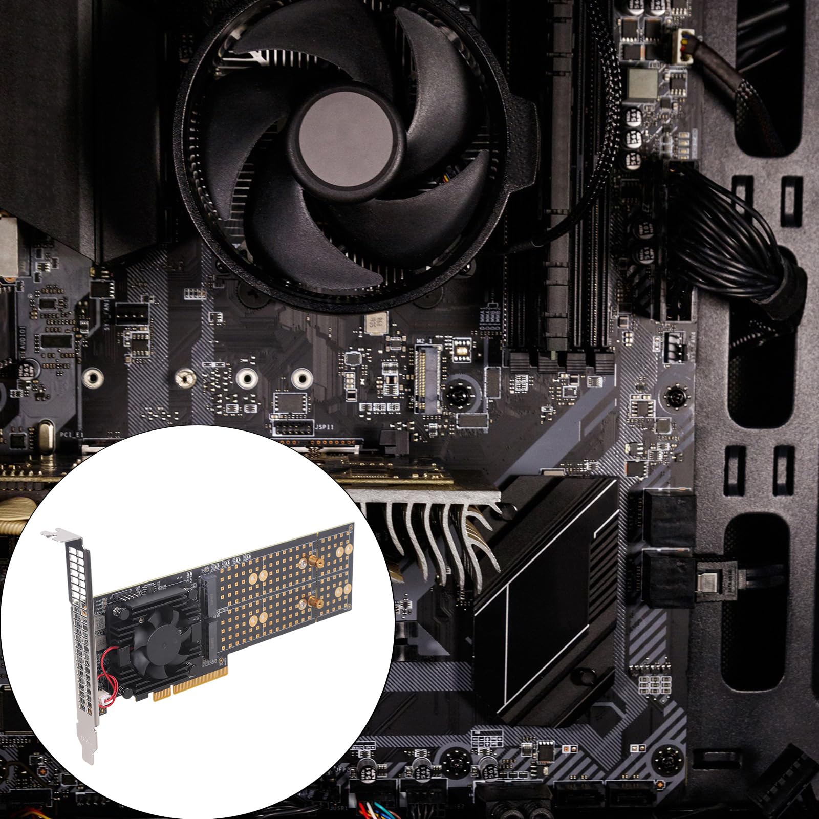 Tarjeta de expansión PCIe3.0 NVMe para 4 configuraciones, no requiere configuración BIOS, ventilador activo, montaje universal, tarjeta de expansión NVME de refrigeración activa