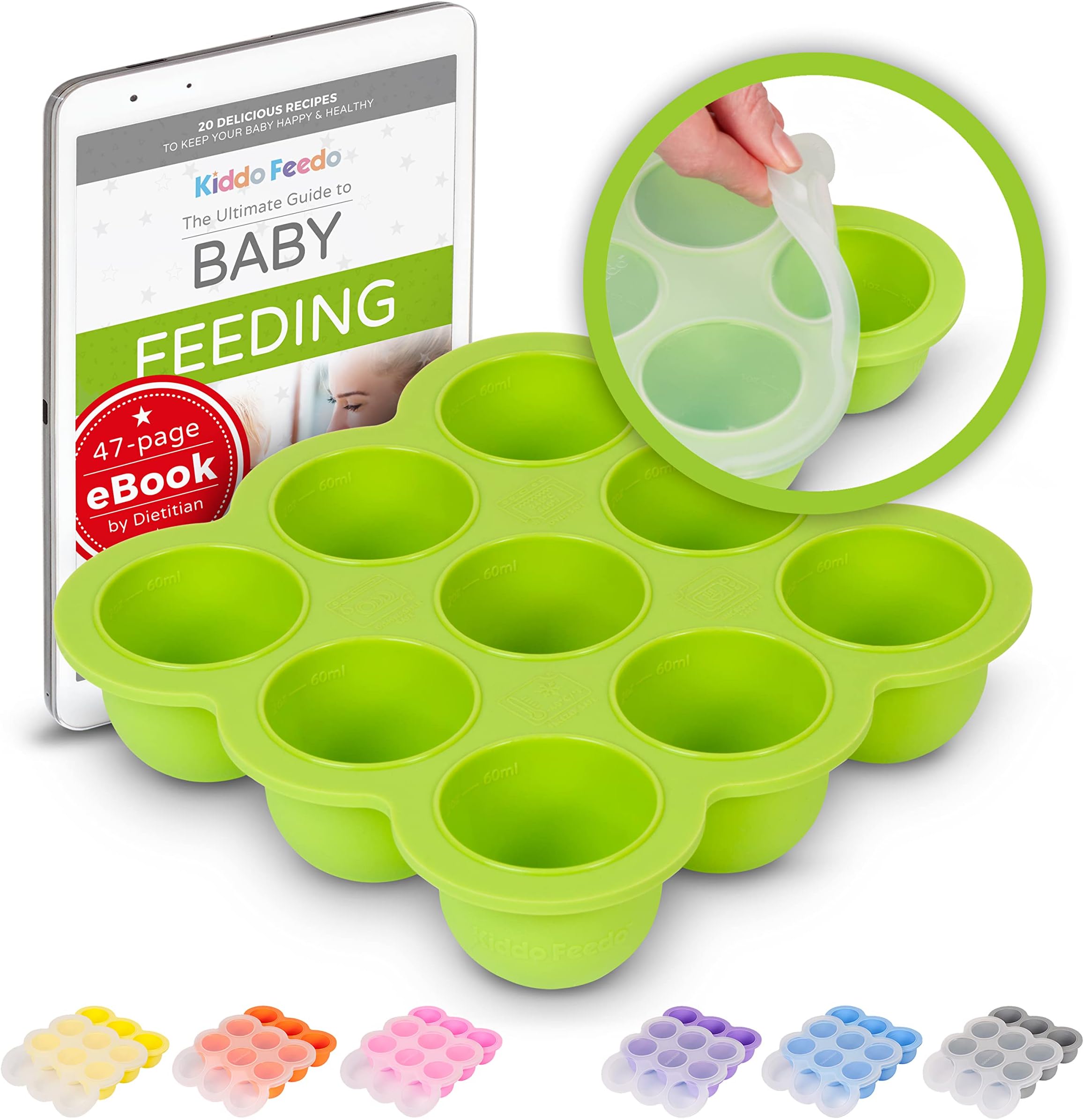 Kiddo Feedo Baby Food Freezer Tray with Silicone Clip-On Lid - Free E-Book by Award-Winning Author/Dietitian - Green