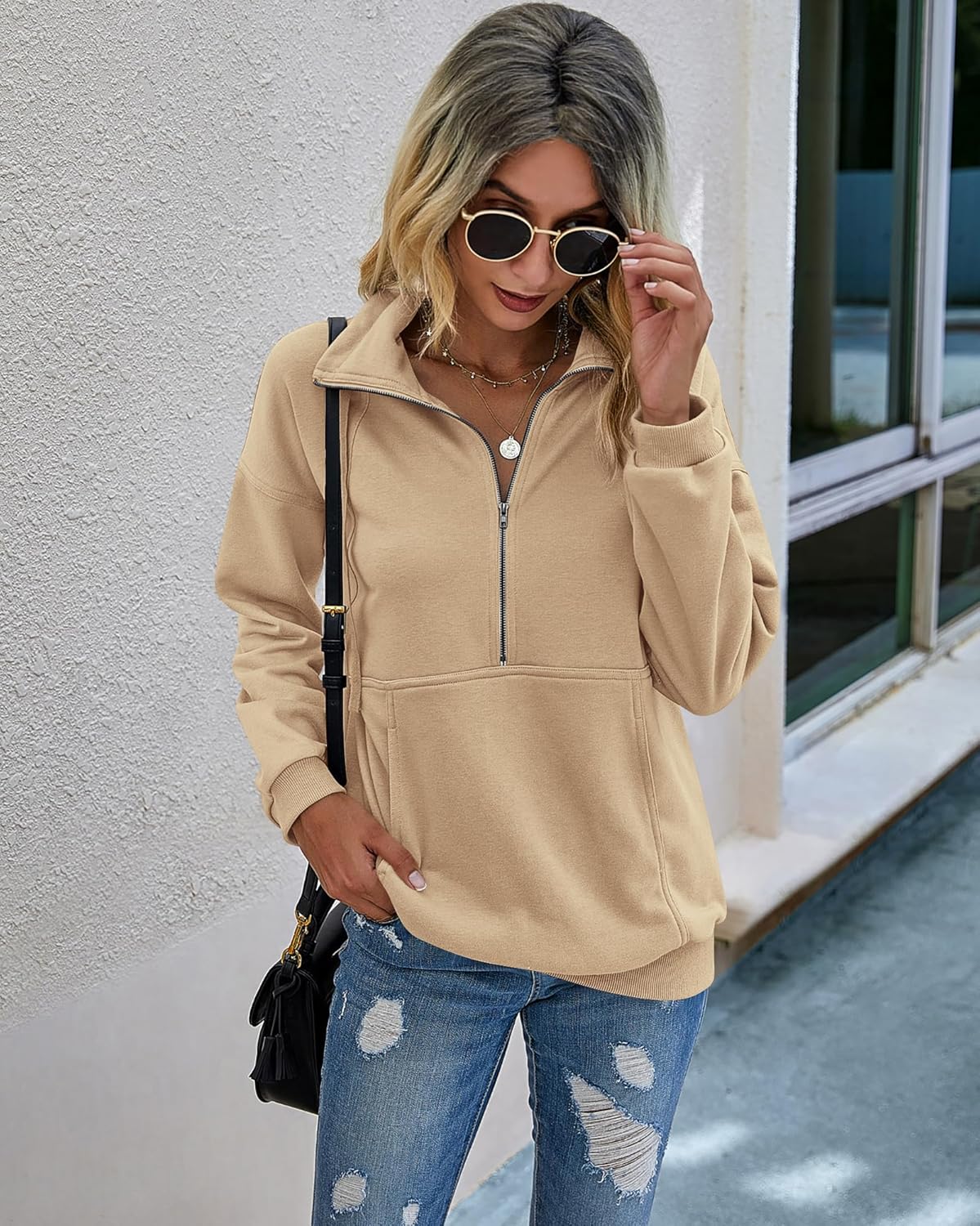 PRETTYGARDEN Women's Casual Long Sleeve Lapel Zipper Sweatshirt Drawstring Loose Pullover Tops - Image 5