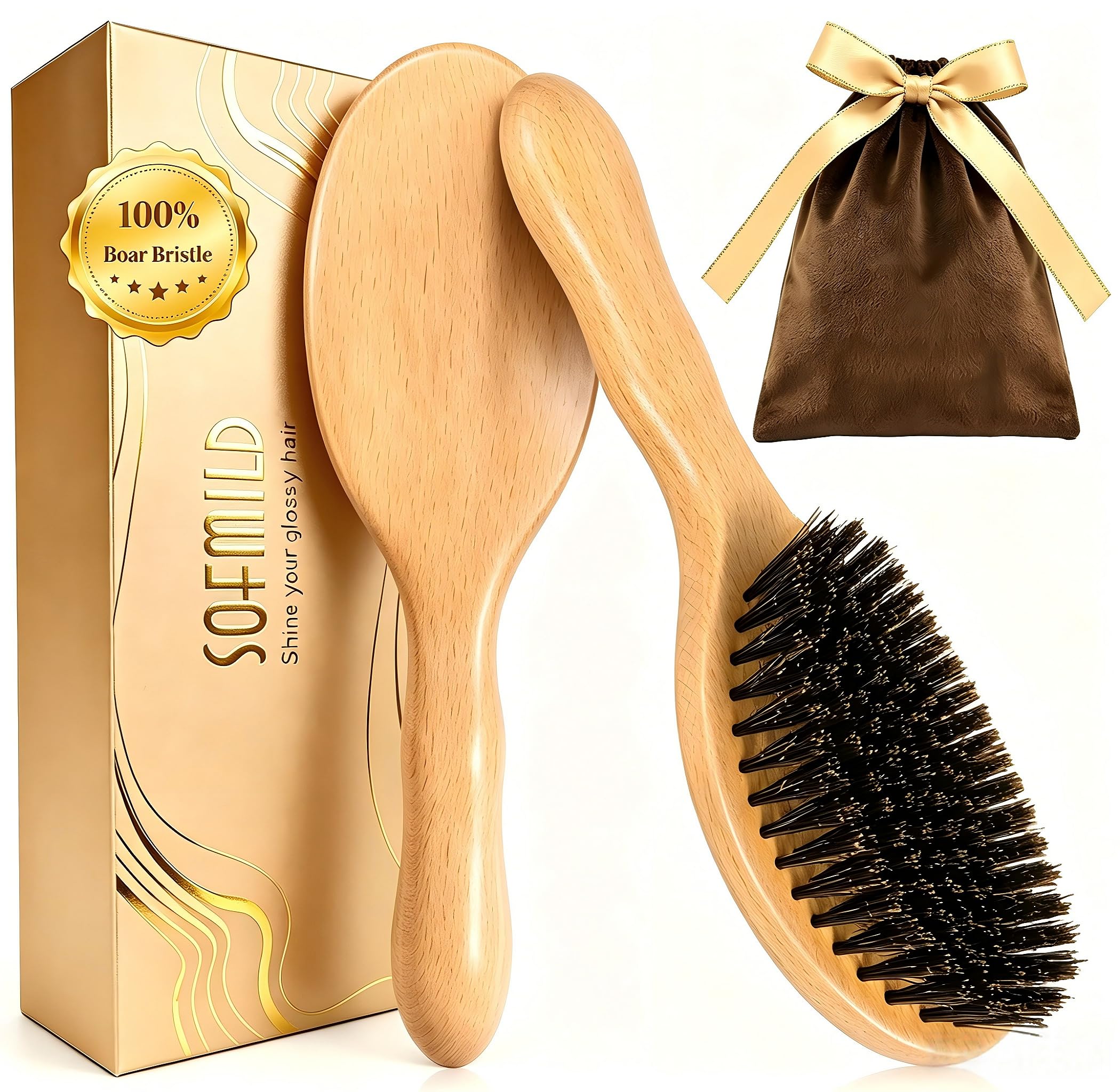 100% Boar Bristle Hair Brush for Thin Fine Hair, Shine & Frizz Control Beige