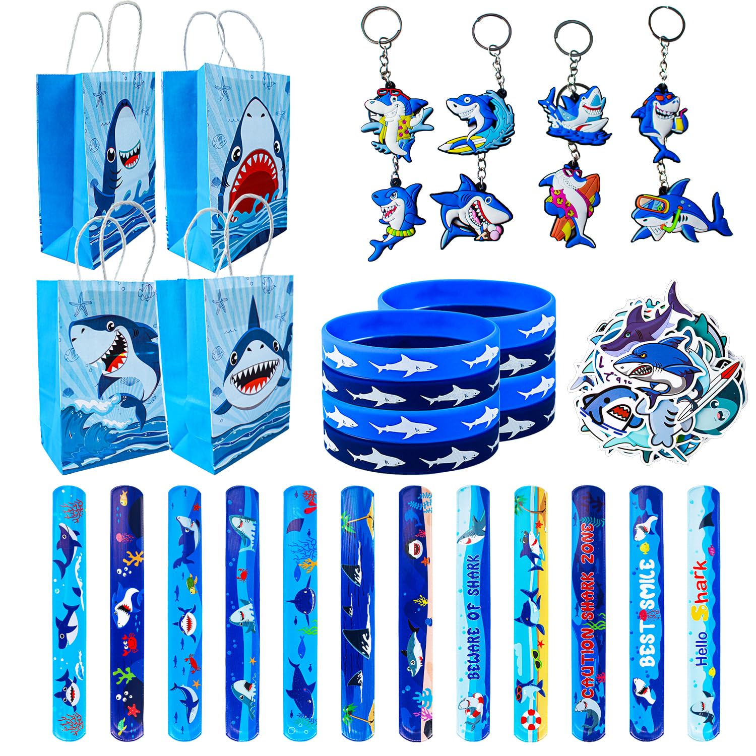 86 pezzi pensierini di squalo di compleanno per bambini, 12 bracciali con squalo, 8 bracciali in silicone, 8 sacchetti, 8 portachiavi, 50 adesivi
