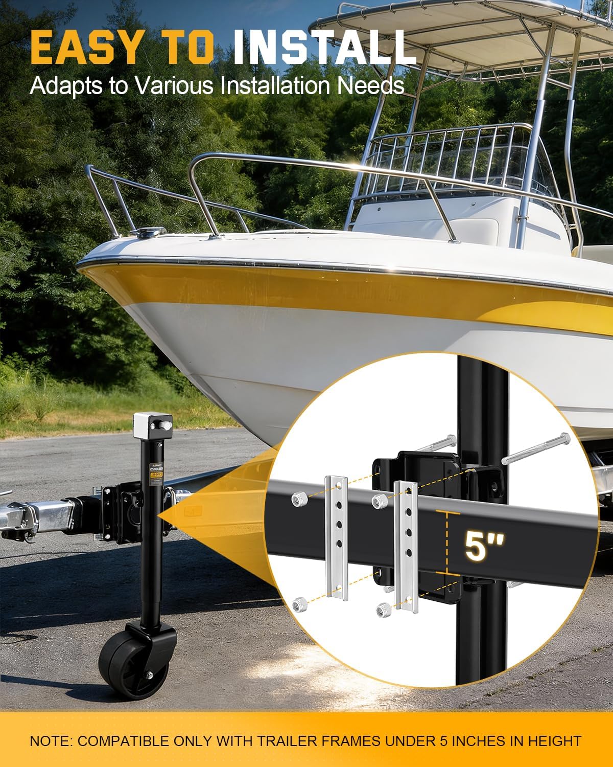 2500lbs Trailer Jack with Dual Wheel, 20-24V Cordless Drill Compatible, Heavy Duty Bolt on Trailer Tongue Jack for RV and Utility Trailer, Boat, 12" Lift Black