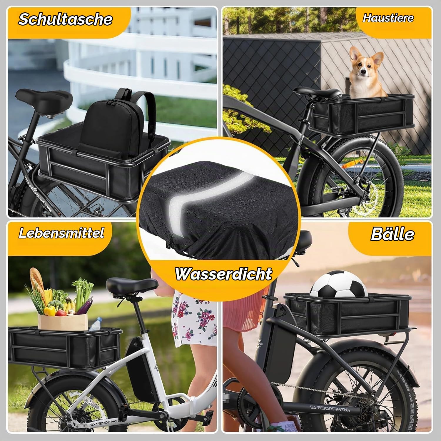 Fahrradkorb Hinten, Fahrradkorb Groß mit Eine Dicke Futterung, Ladungsnetz und wasserdichte Abdeckung, 46×32×15 cm