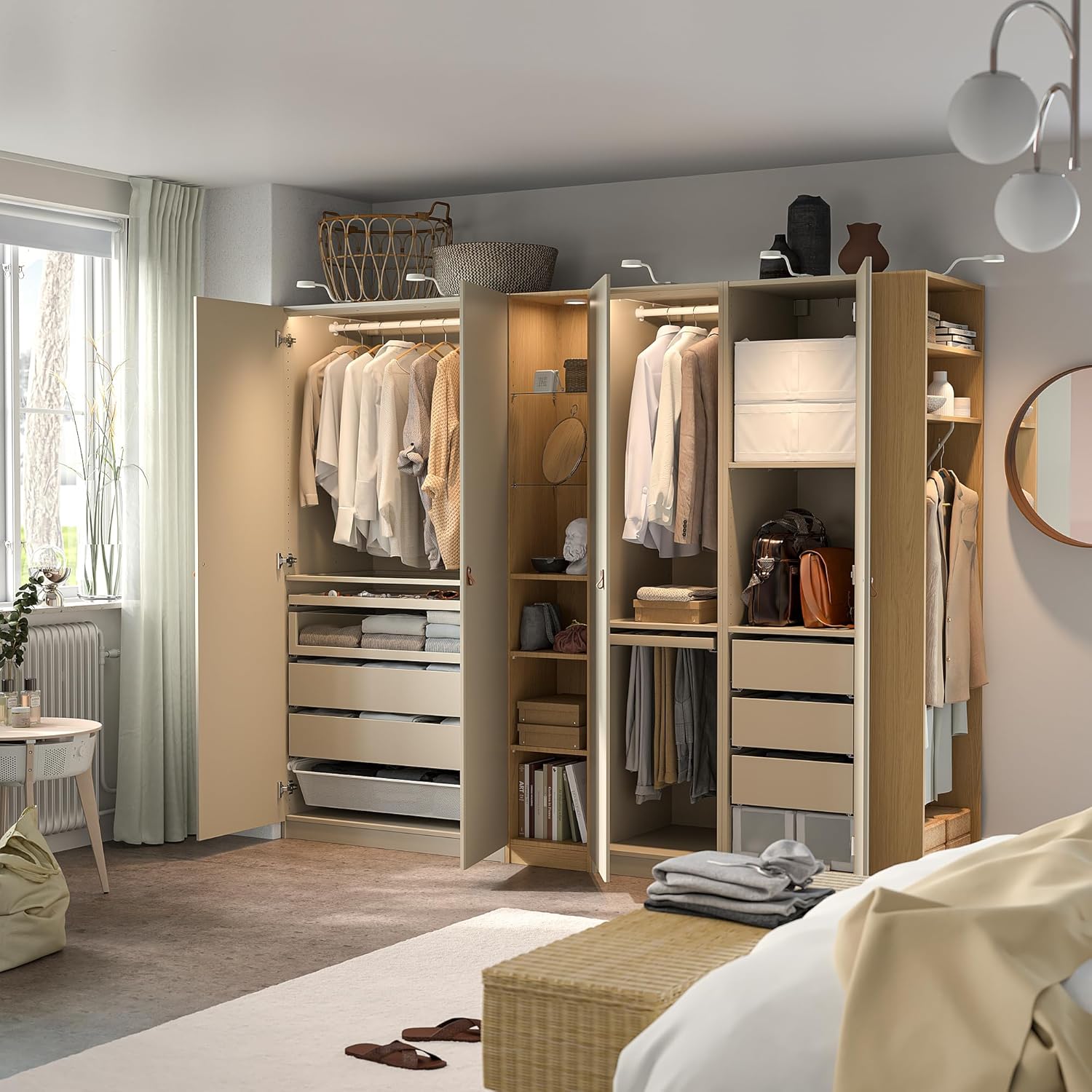 PAX/REINSVOLL Wardrobe combination, grey-beige grey-beige/oak effect, 255x60x201 cm