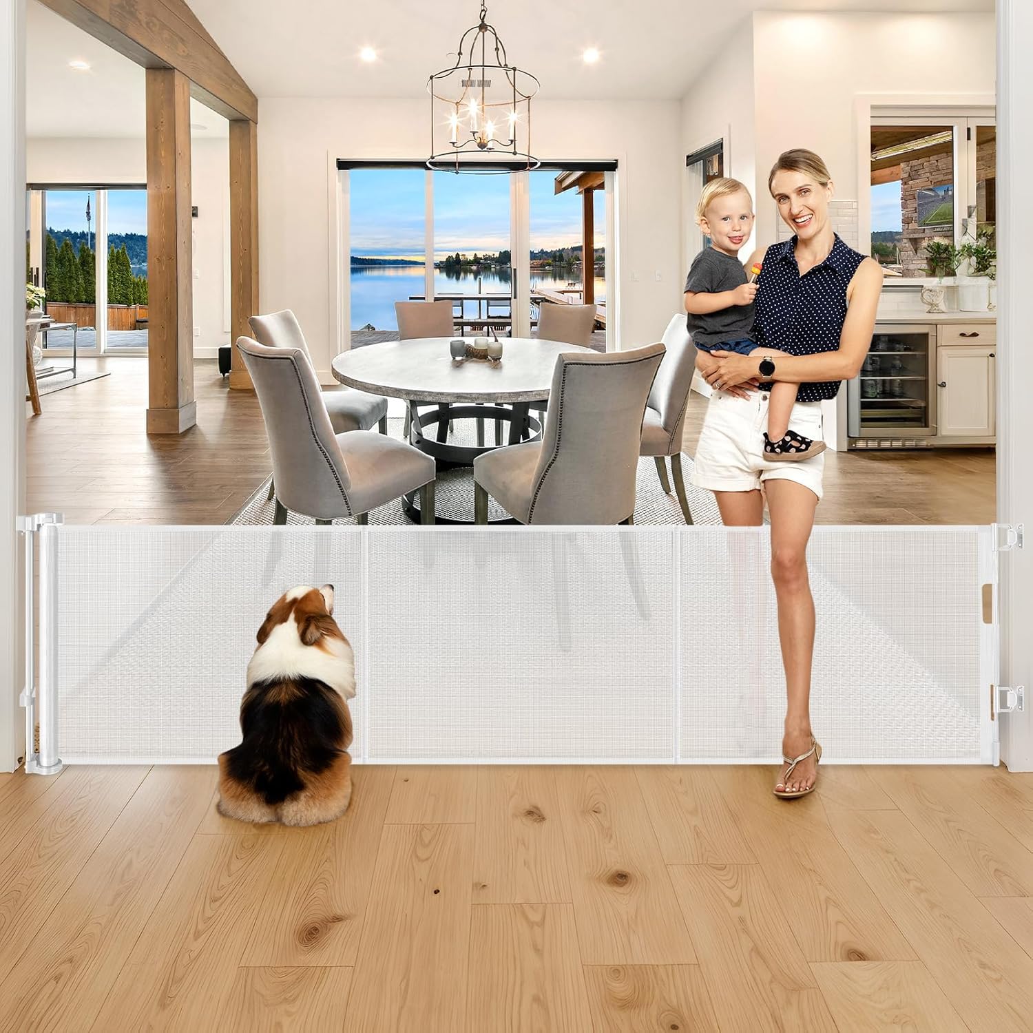 28" Tall Retractable Dog Gate, 80" Wide Reinforced Retractable Baby Gates with Support Rods, Walk Through Baby Gate Easy Step-Over Short Pet Gate Small Dog Gate, Puppy Gates for Doorways/Stairs, White White (28" Tall x 80" Wide)