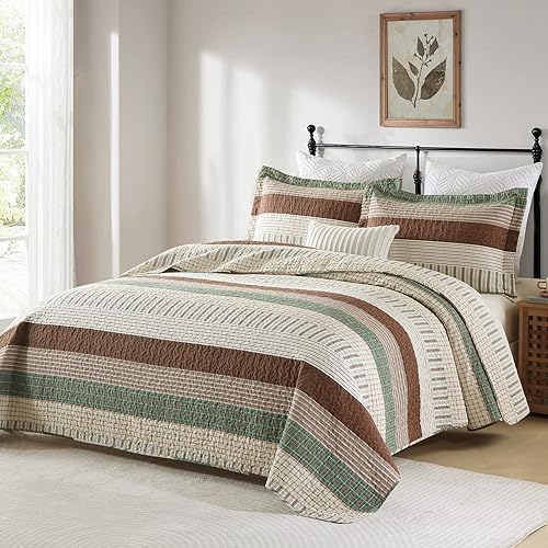 Miniatura 9 de Y-PLWOMEN Juego de edredón tamaño King 100% algodón, tamaño King, 3 piezas, edredón de rayas King, edredón de tamaño King de granja, edredón ligero