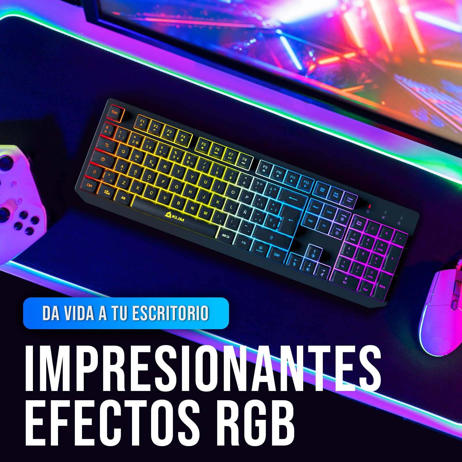 KLIM™ Chroma Spain Tastiera Gamers QWERTY Wireless - Ad alte prestazioni - Tastiera senza fili illuminata Cromatica Gaming Nero RGB PC Windows Mac PS4 Xbox One [ Nuova Versione]