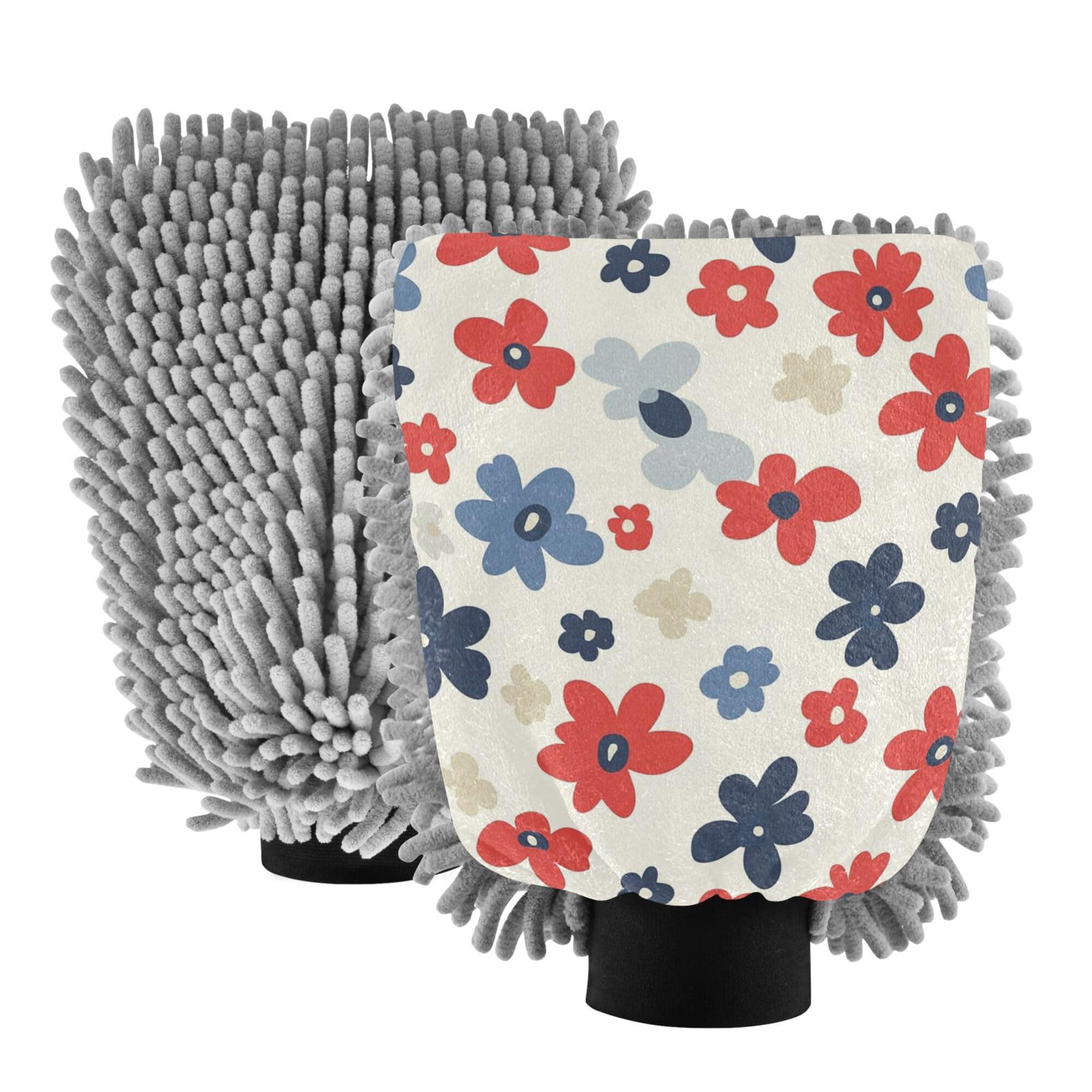 Retro Flowers Poppy Car Wash Microfiber Mitt 2 Pack Car Washing Gloves Scratch-Free Washer Sponge for Cleaning Wash
