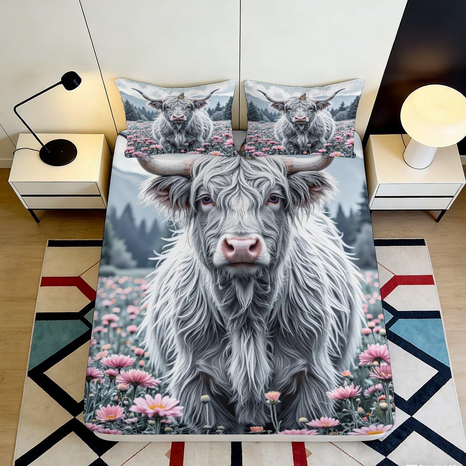 3D Printed Highland Cow Fitted Sheet Microfiber Soft Durable Floral Bed Cover for Bedroom Dormitory Guest Room Mattress Protection Decoration 140x200x25cm