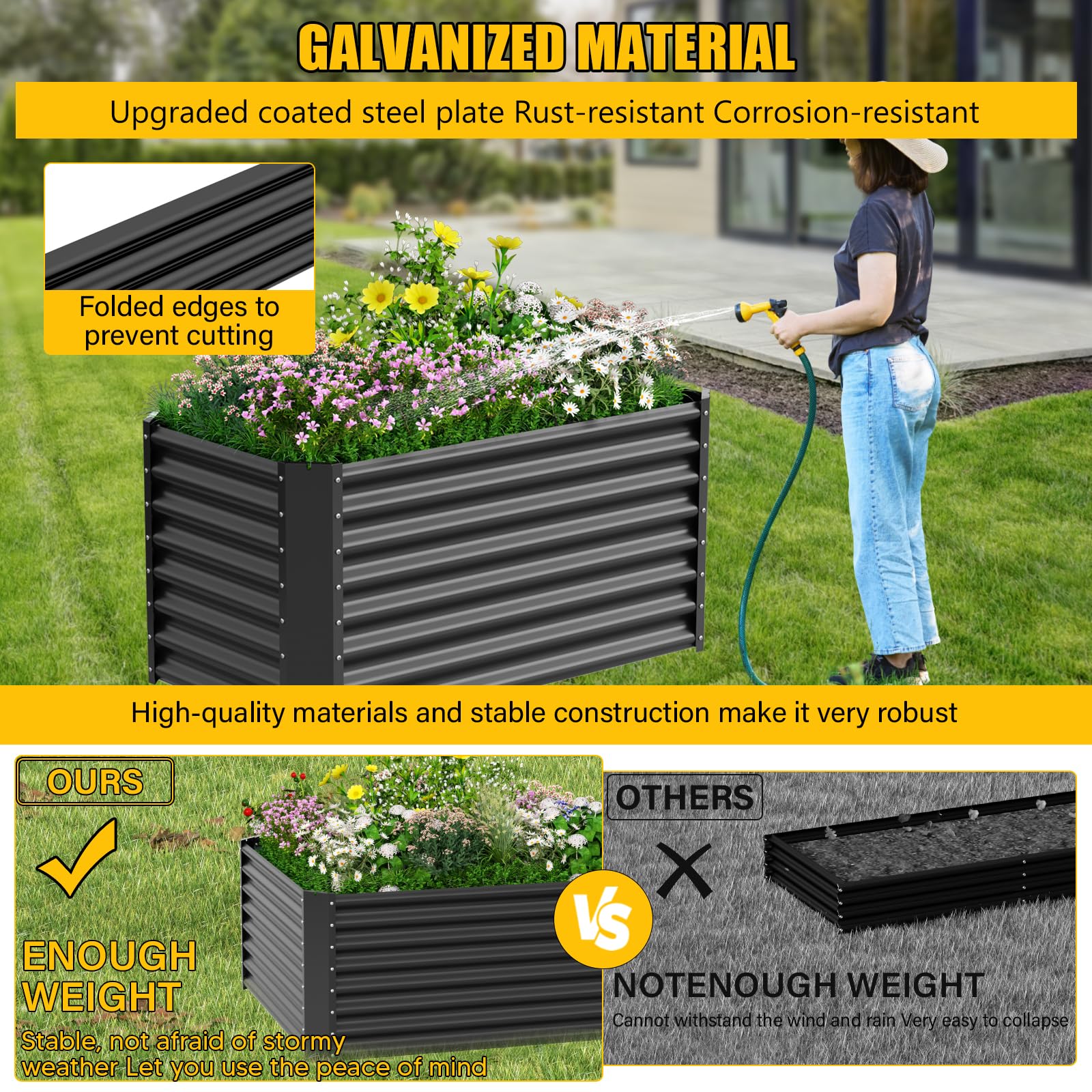Hochbeet aus Metall, 122 x 61 x 61 cm Wetterfestes Edelstahl Gartenhochbeet, Rechteckig Stabil Erhöhtes Pflanzenbeet für Außenbereich, Gemüse, Blumen und Kräuter Anbau