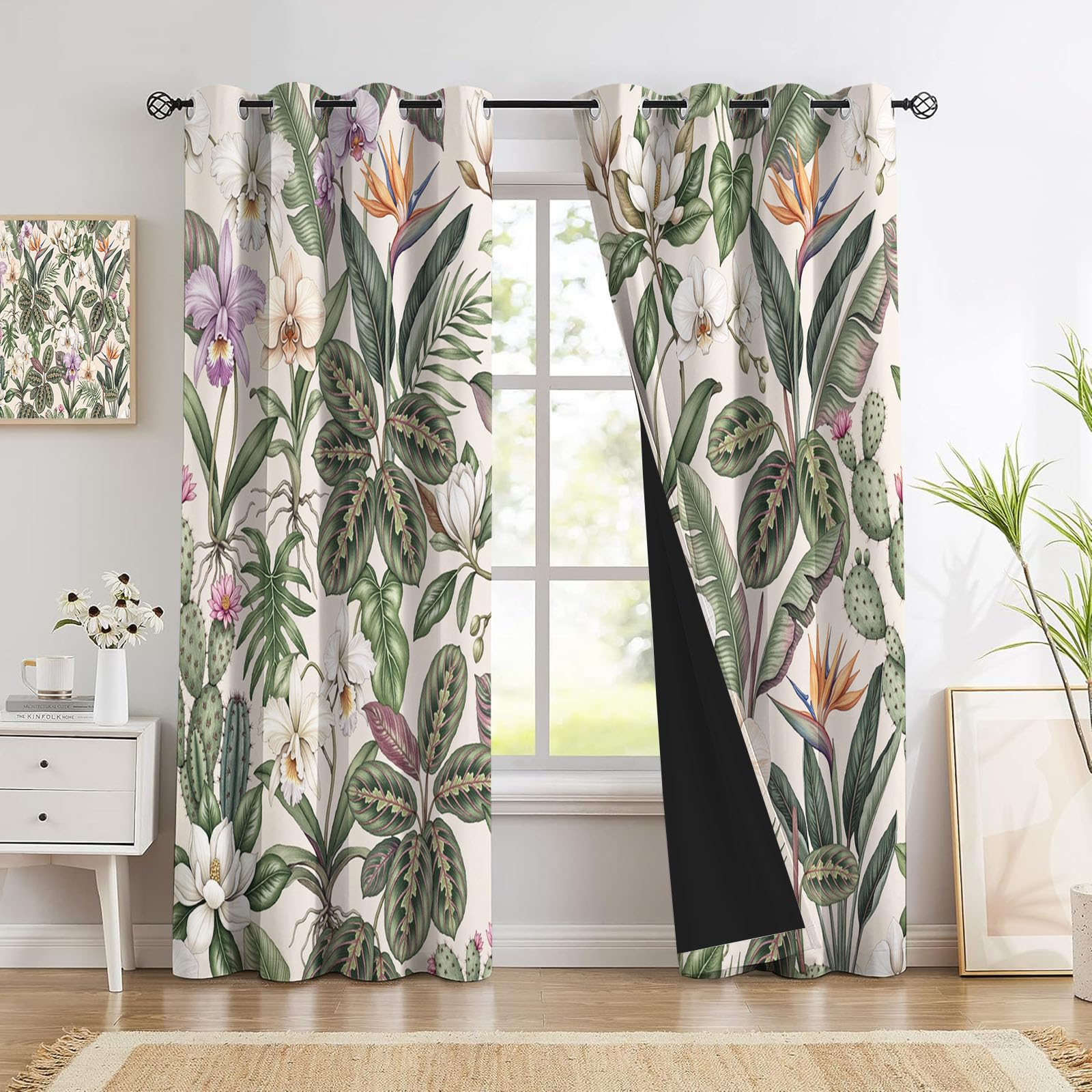 Pflanzen Und Blumen Vorhänge Mit Ösen, Aquarellzeichnung Von Orchideenzweigen Thermovorhang Hitzeschutz, H140 X B90 Cm (2Er Pack) Abdunkelnde Gardinen Für Wohnzimmer Verdunkelungsvorhang - Dunkelgrün
