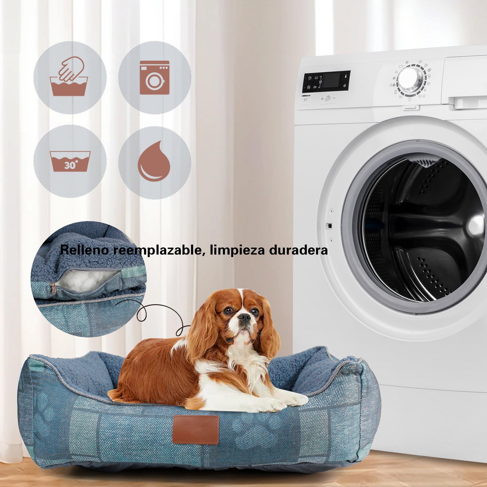 Cama para Perros Grande tacto al Lino Grueso y Forro Borrego Suave, Lavable a Máquina con Cojín Extraíble, Antideslizante, Transpirable, relleno de fibra huesca virgen, Cama para mascotas,65x50cm