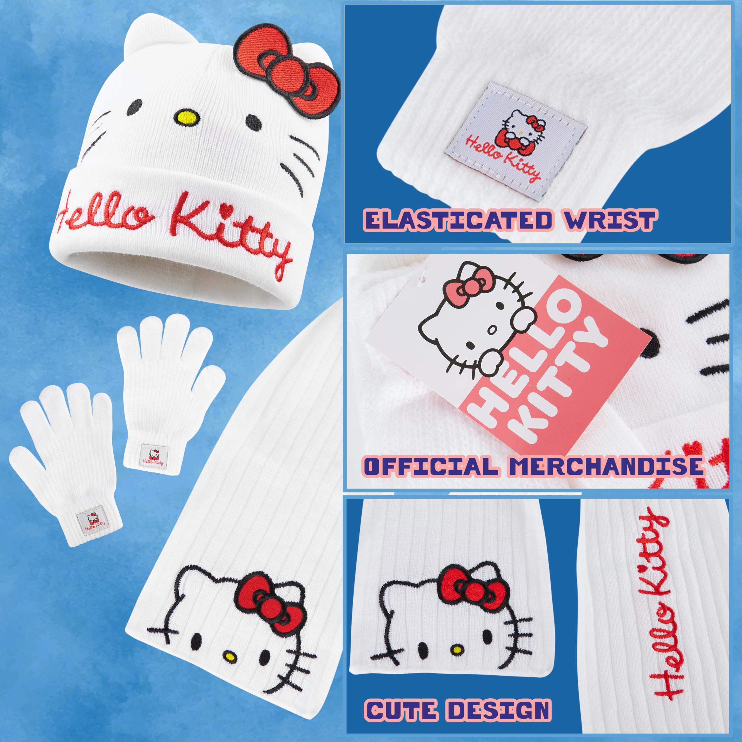 Hello Kitty Zimowy zestaw akcesoriów dla dziewcząt, nastolatków, przytulny 3-częściowy zestaw szalików i rękawiczek – prezenty dla dziewcząt, biały/różowy, Rozmiar uniwersalny