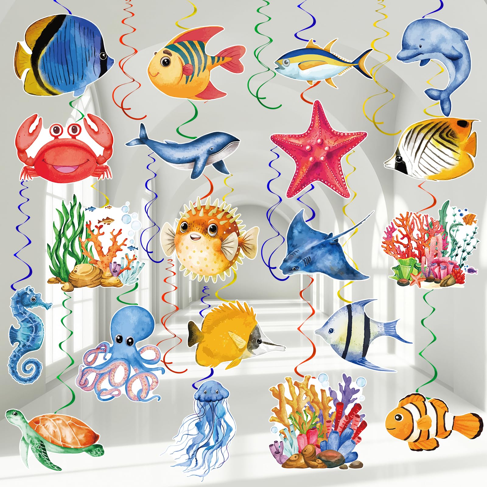 Adecortalk 48 Pcs Under The Sea Party Decorations Tropical Fish Hanging Swirl Streamers Decorations Ocean Creature Theme Party for Kids Marine