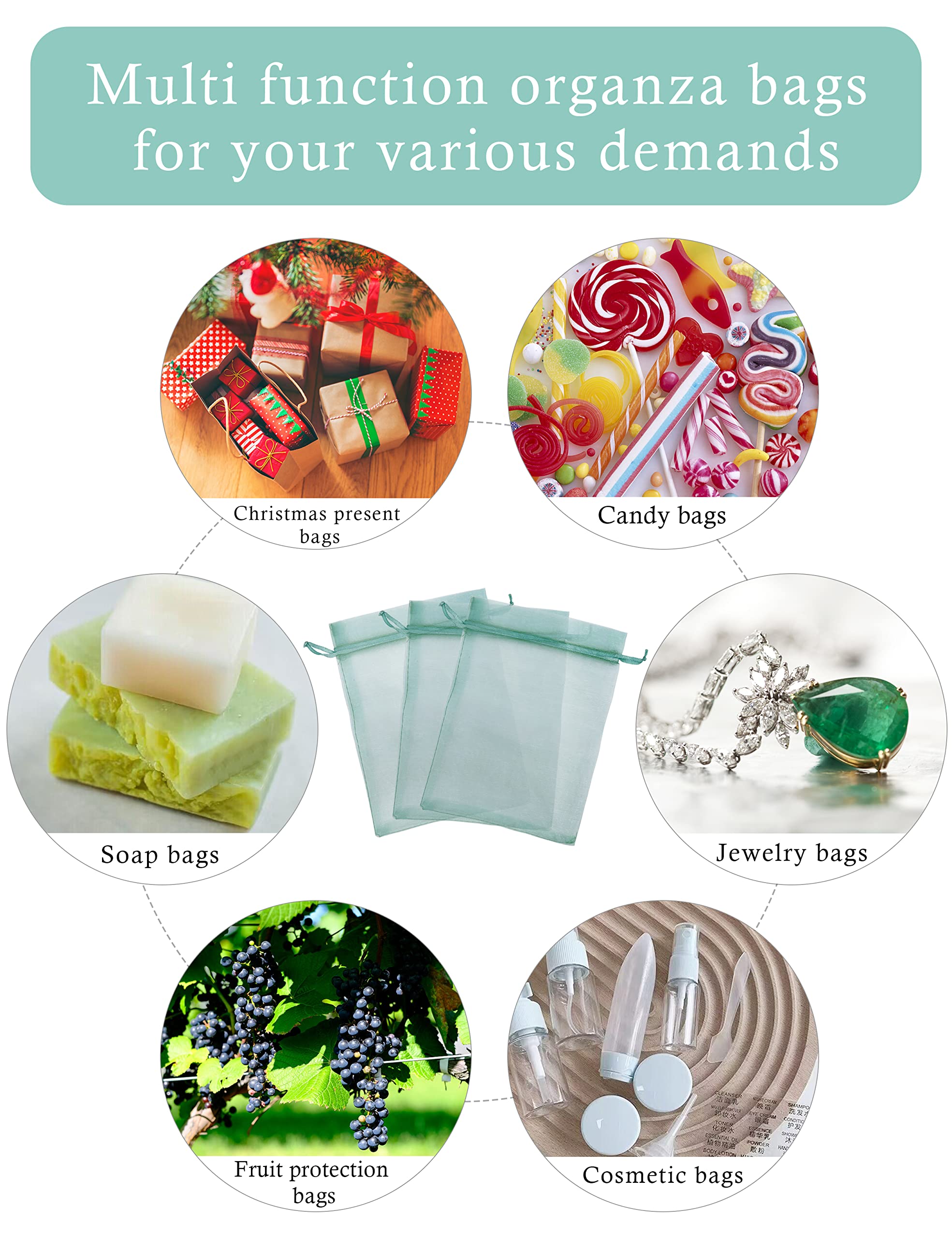 Jexila 100PCS Sheer Teal Organza Bags 4''X6' Small Mesh Drawstring Jewelry Gift Pouch for Baby Shower Wedding Party Favor Goodie Candy