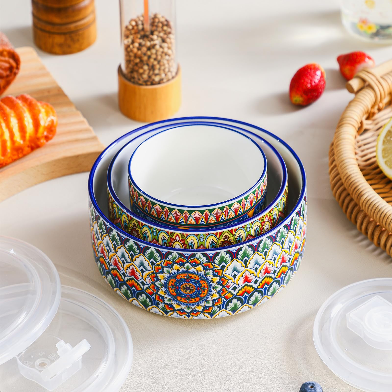 Henten Home Set di Ciotole in Ceramic, 3 Pezzi, Insalatiera con Coperchio, 330ml/600ml/950ml, Lunch Box, Contenitori per la Cucina, Ideali per cereali, insalate, zuppe