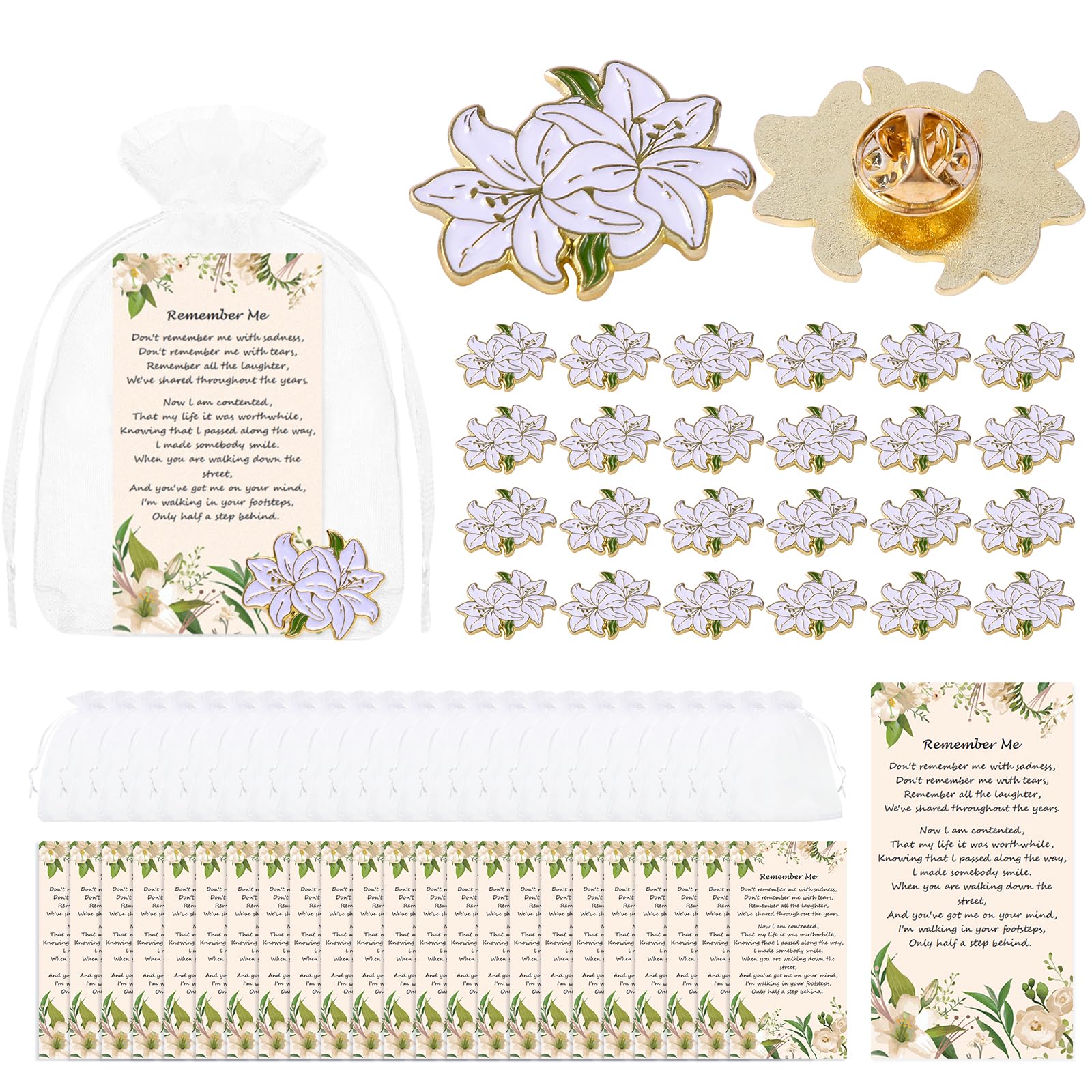 Funeral Favors for Guest Memorial Pins Celebration of Life Decorations Lapel Pin Brooches Poem Cards White Organza Bags Gift Bag for Who Loss Loved One