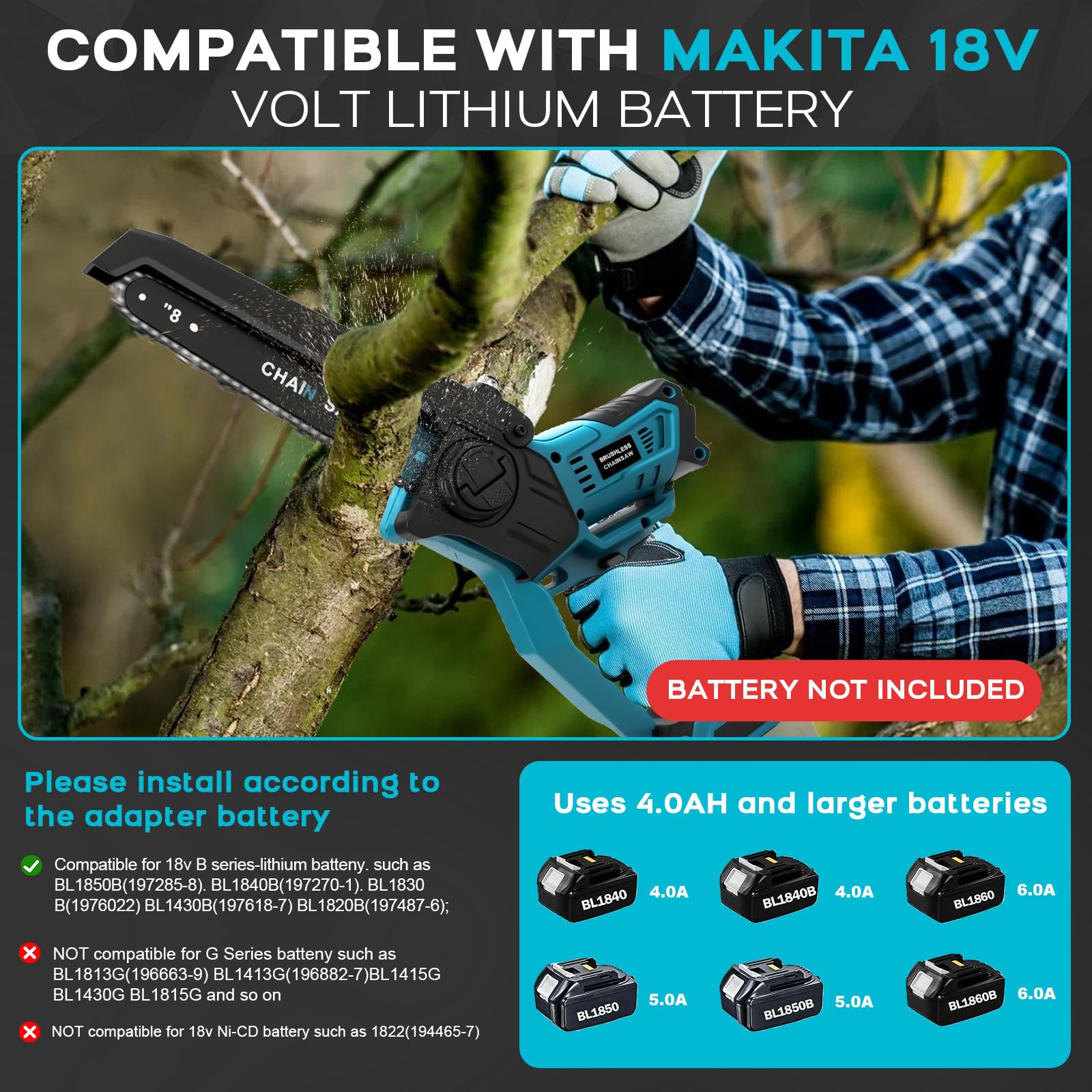 Sierra de cadena telescópica de 8 pulgadas compatible con Makita 18 V, sierra de rama profesional con barra de extensión, altura de trabajo de hasta 4,5 m (longitud de barra de 2,5 m), ideal para