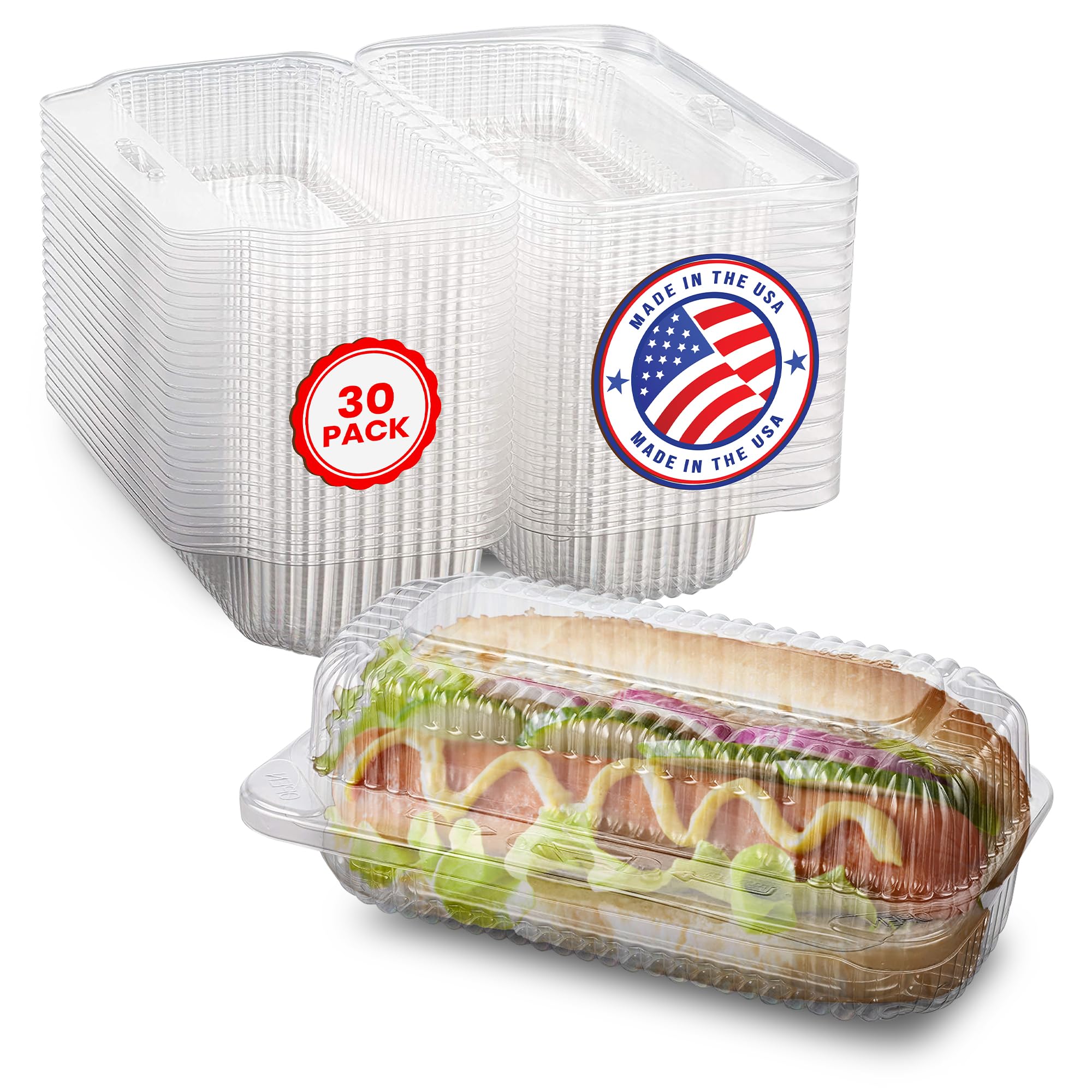 MT Products Plastic Hot Dog Container - 6.5" x 2.75" x 2.6" - Take Out Containers with Hinged Lid for Salads, Desserts, Sandwiches, and Cookies (Pack of 30) - Made in USA