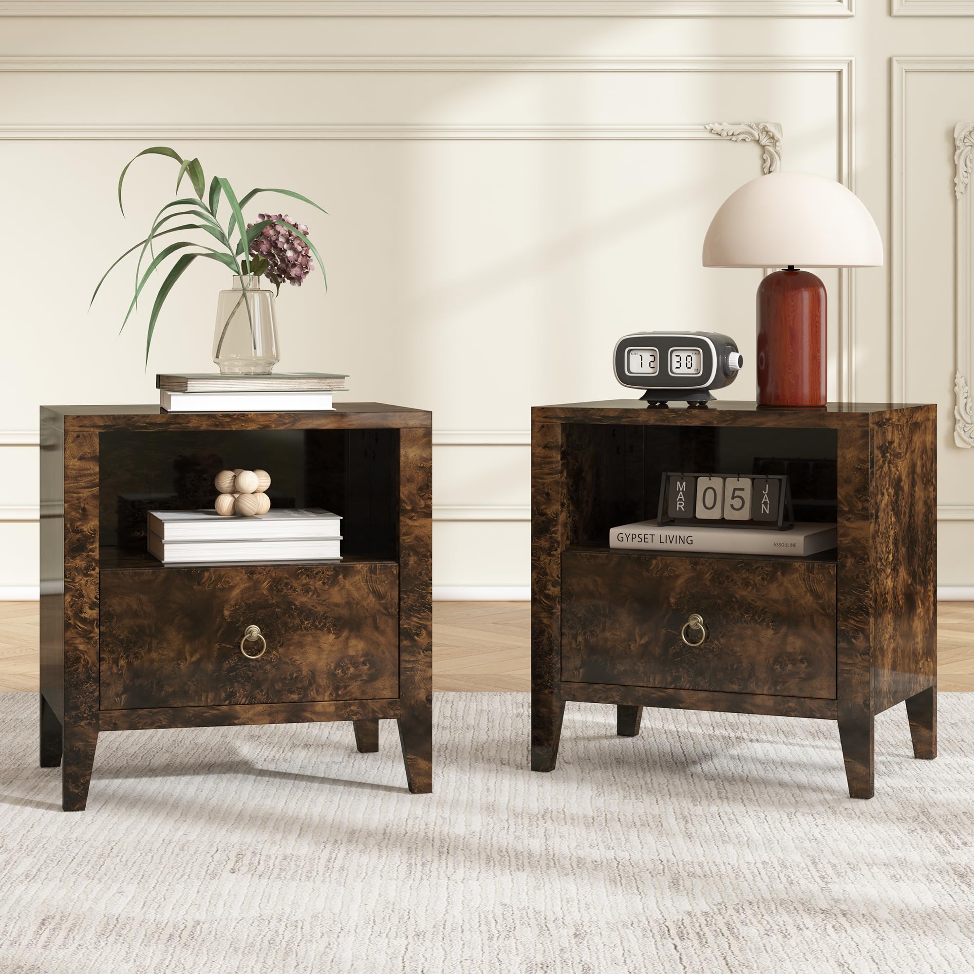AMERLIFE Nightstand Set of 2 Mid Century Modern Bedside Table, Brown