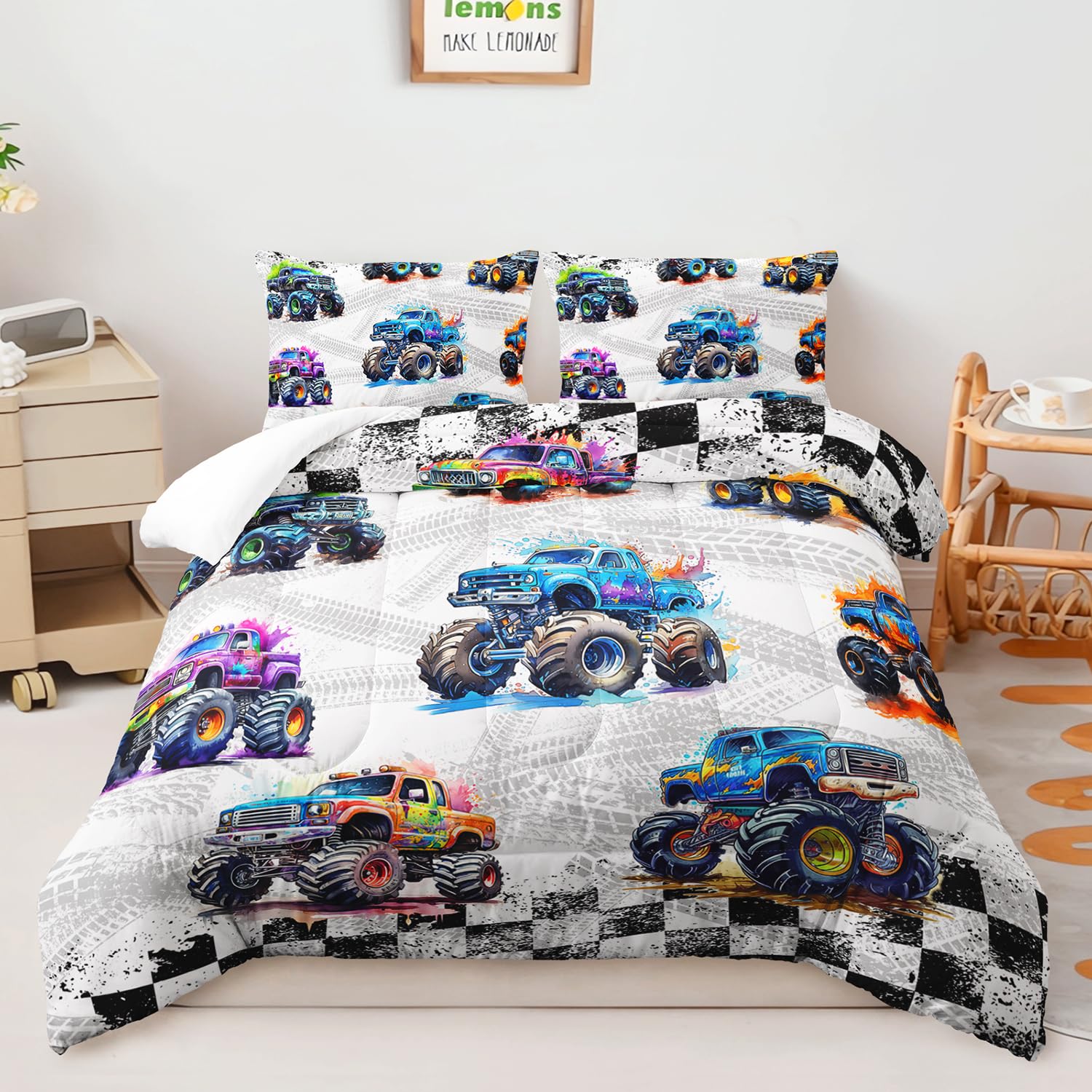 AILONEN 3-Piece Colorful Monster Truck Bedding Set Twin Size,Featuring Cartoon Trucks and Checkered Flag Pattern Comforter Set Perfect for Kids Rooms,1 Quilt with 2 Pillowcases,Soft Comfortable