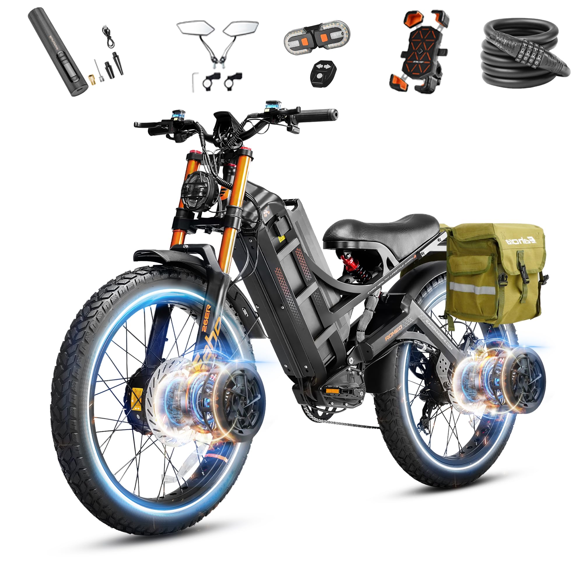 eAhora 2026 Romeo Pro 3 5600W 50Mph High-Torque Ebike, 60V 80Ah 250-Mile Long Range Electric Bike for Adults, Adjustable Air Suspension, 26'' Puncture-Proof Tire, UL 2849 Certified by TÜV