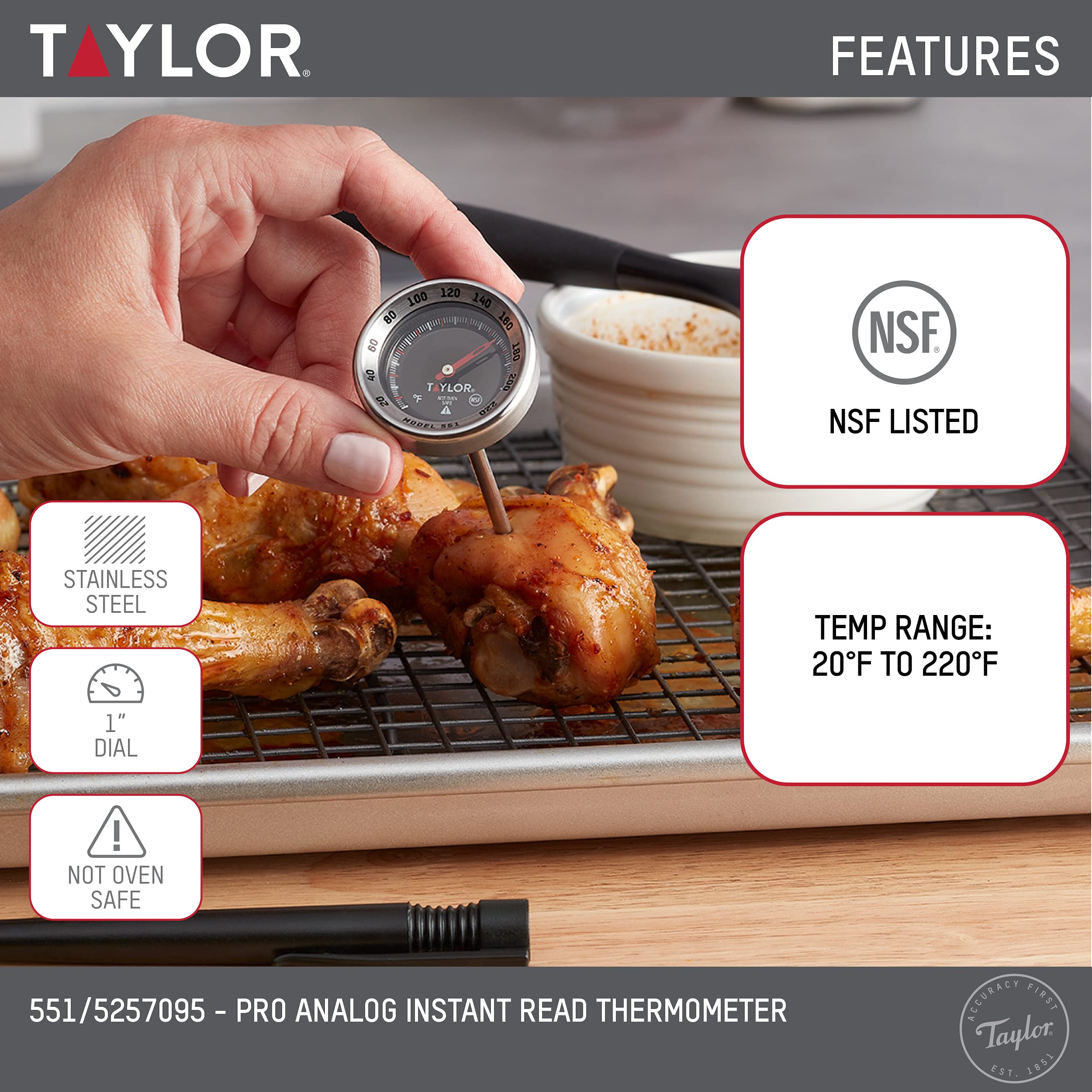 Taylor Pro Series Analog Instant Read Thermometer, Temperature Monitoring: 120F to 220F, Black - Image 2