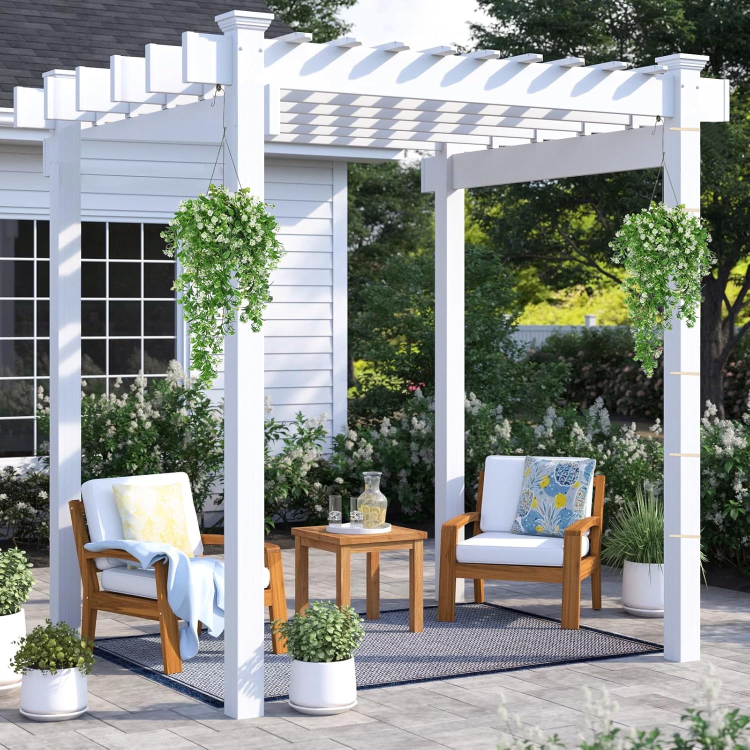 RECUTMS 2Pcs Artificial Hanging Flowers for Outdoor Decoration Fake Hanging Plants Faux White Flowers Artificial UV Resistant Plastic Greenery Vines Ivy for Outdoor Indoor Garden Party Decor(White) - Image 9